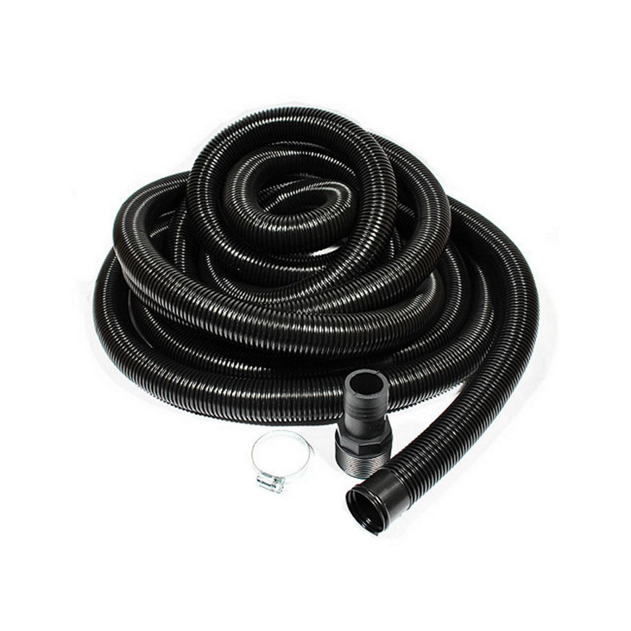 Coiled black corrugated discharge hose with metal connector and hose clamp included.