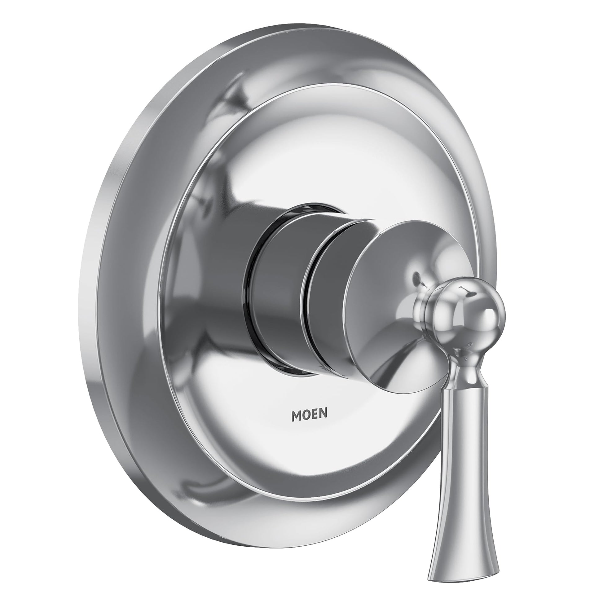 Chrome shower trim kit with single handle lever and round escutcheon plate.