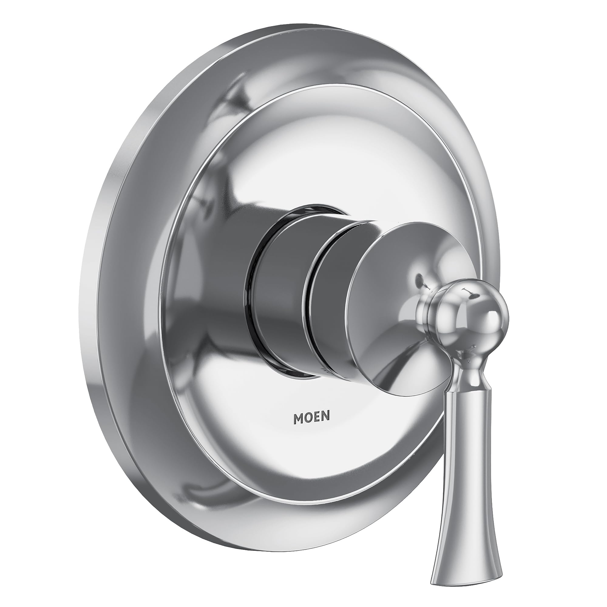 Chrome shower trim kit with single handle lever and round escutcheon plate.