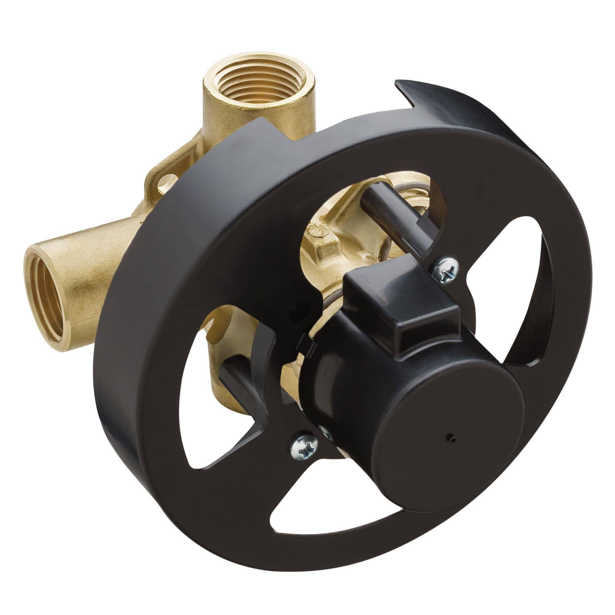 Brass rough-in valve with black wheel handle and integrated stop valves for plumbing installation.