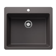 Cinder-colored single bowl kitchen sink with rounded corners and chrome drain fixture.