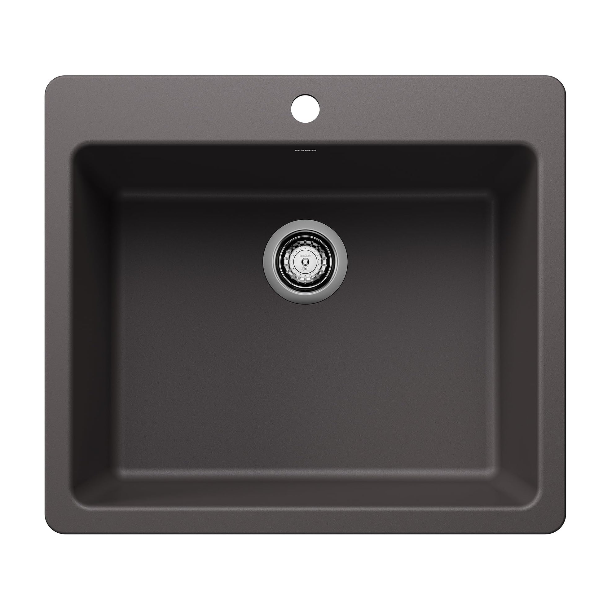 Cinder-colored single bowl kitchen sink with rounded corners and chrome drain fixture.
