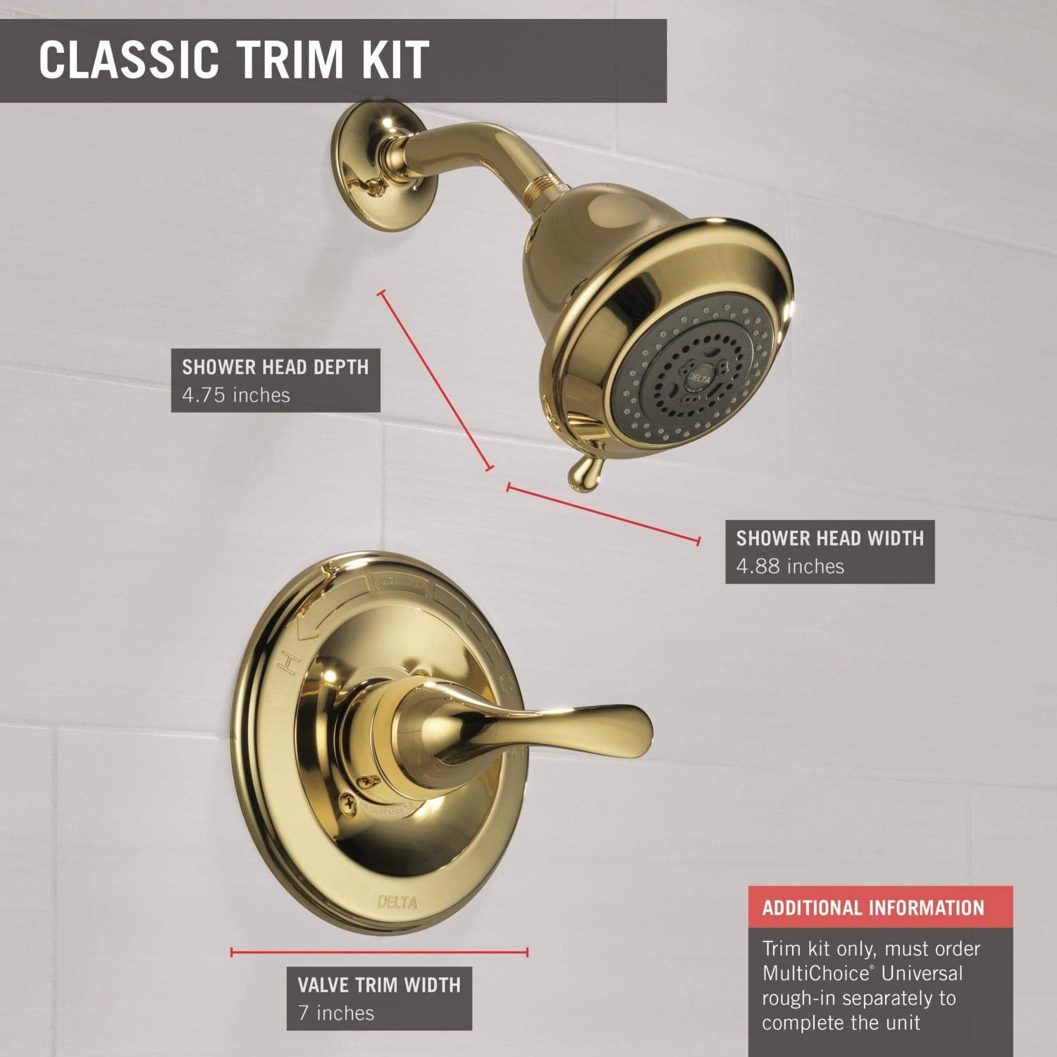 Polished brass shower trim kit with single lever handle, round valve trim, and overhead showerhead with dimension callouts.