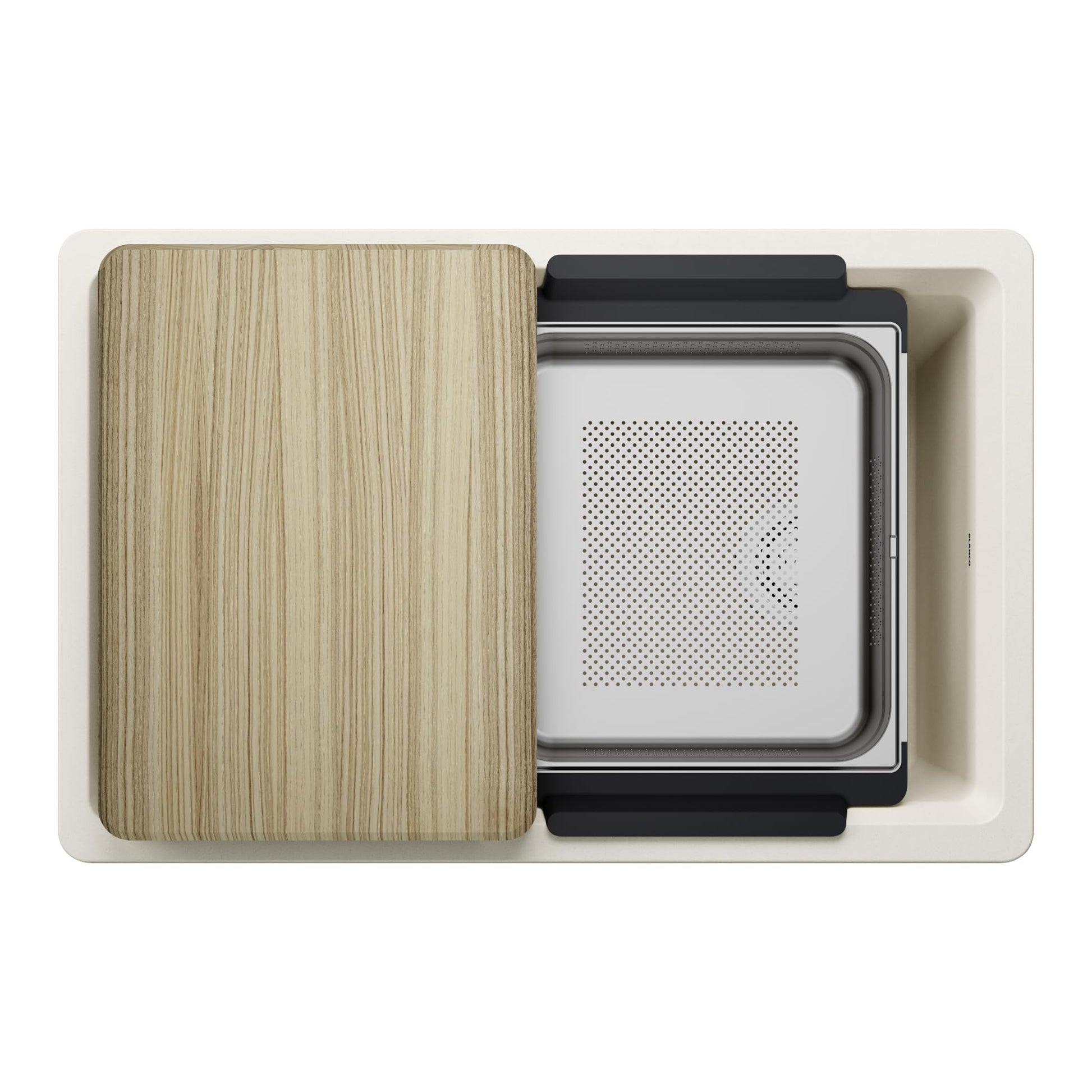 Soft white kitchen sink with wooden cutting board and perforated draining tray, top view.