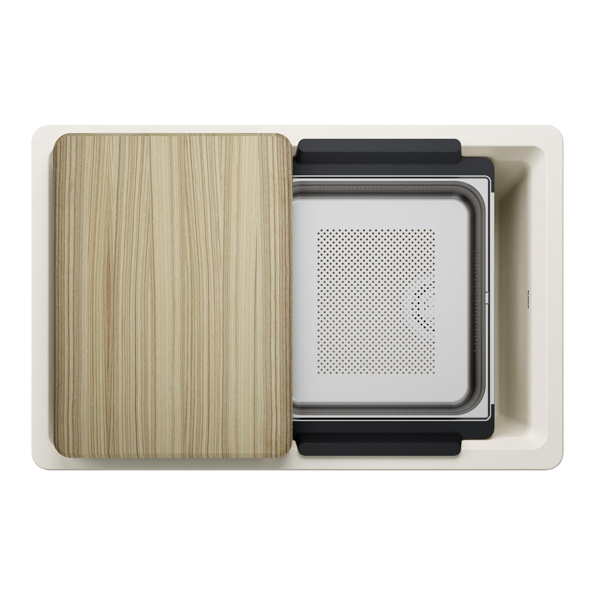 Soft white kitchen sink with wooden cutting board and perforated draining tray, top view.