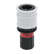 Grohe quick coupling connector with white upper body, black lower section, and red release band with X marking.