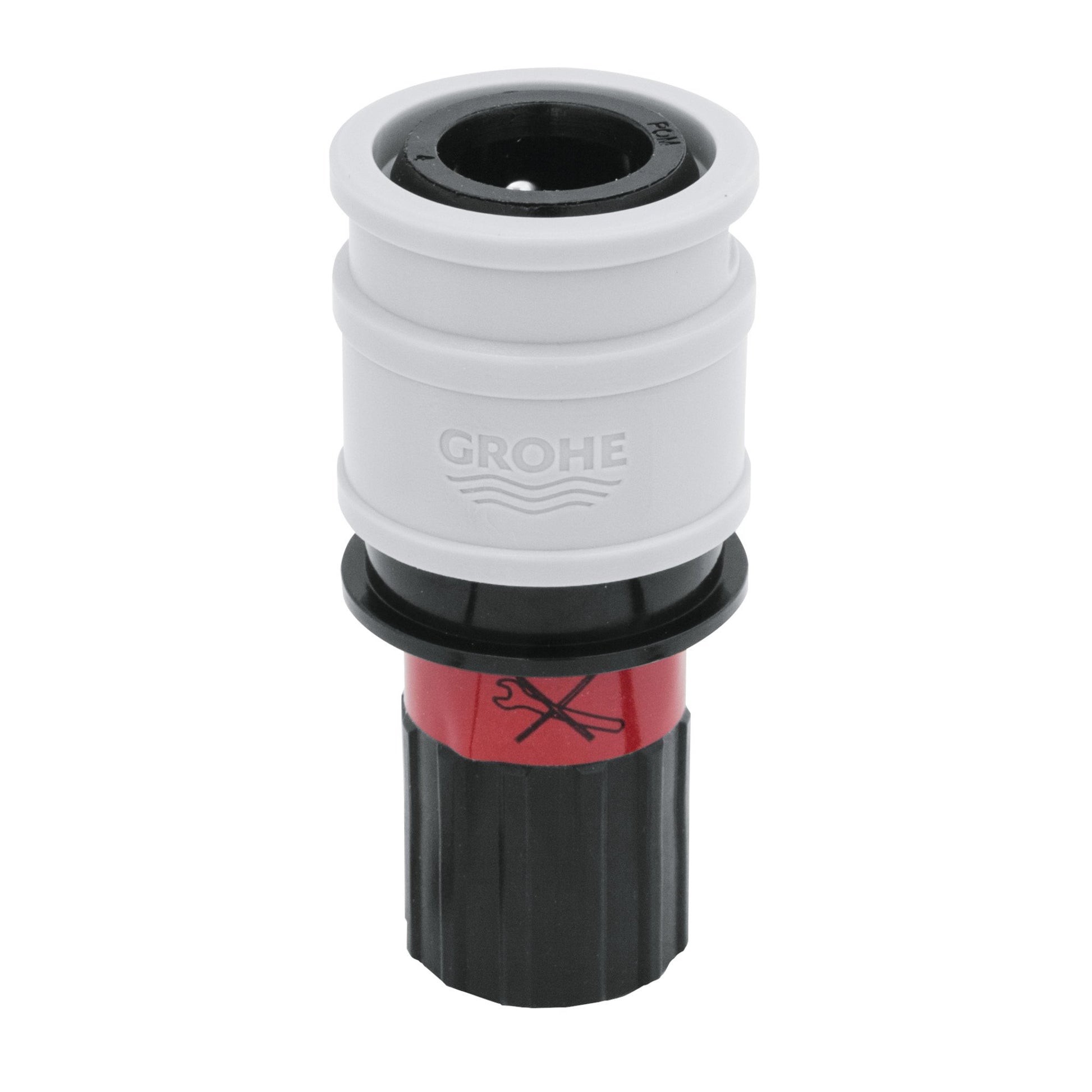 Grohe quick coupling connector with white upper body, black lower section, and red release band with X marking.