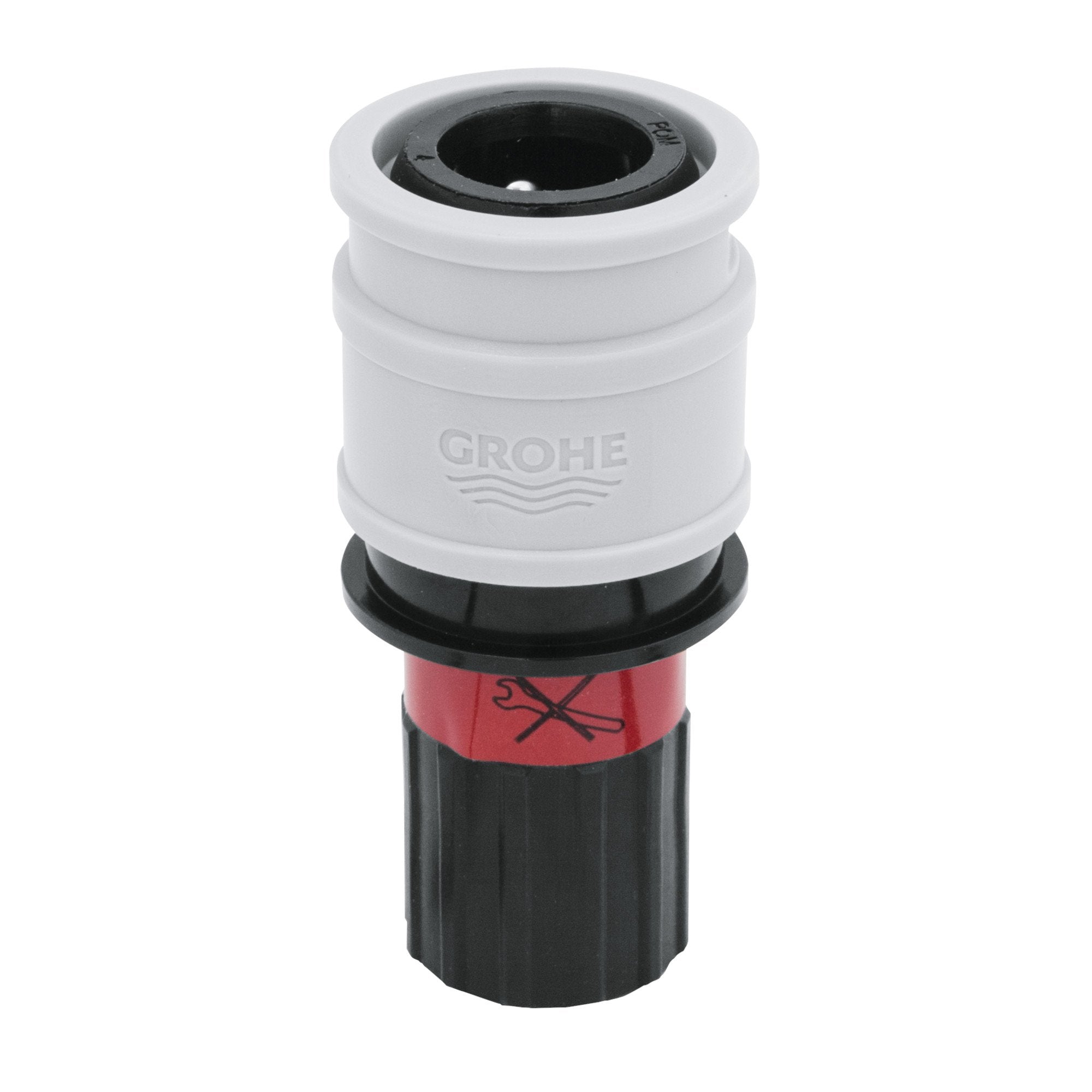 Grohe quick coupling connector with white upper body, black lower section, and red release band with X marking.