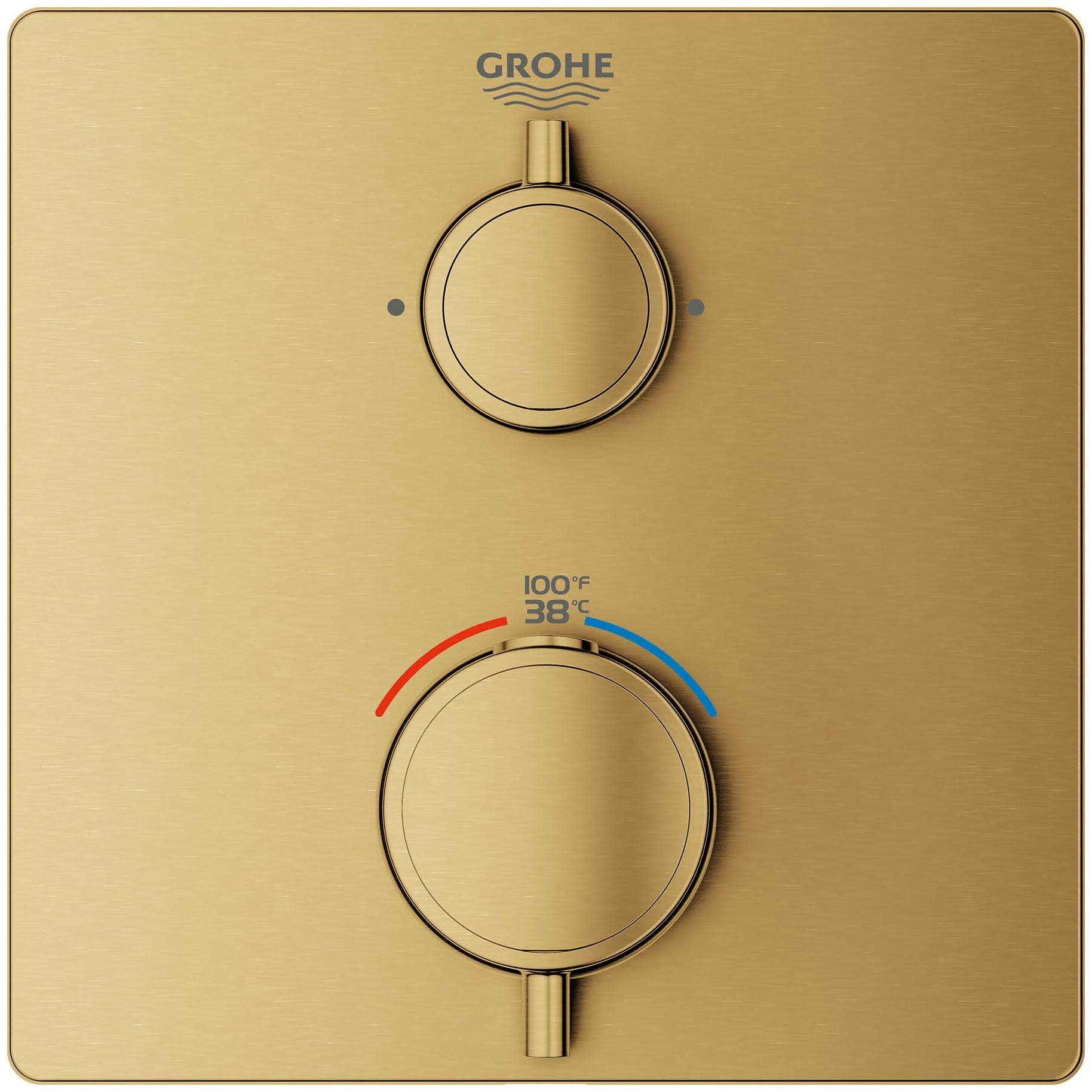 Grohe Grohtherm thermostatic valve trim with two circular handles on brushed gold rectangular plate, temperature markings vis