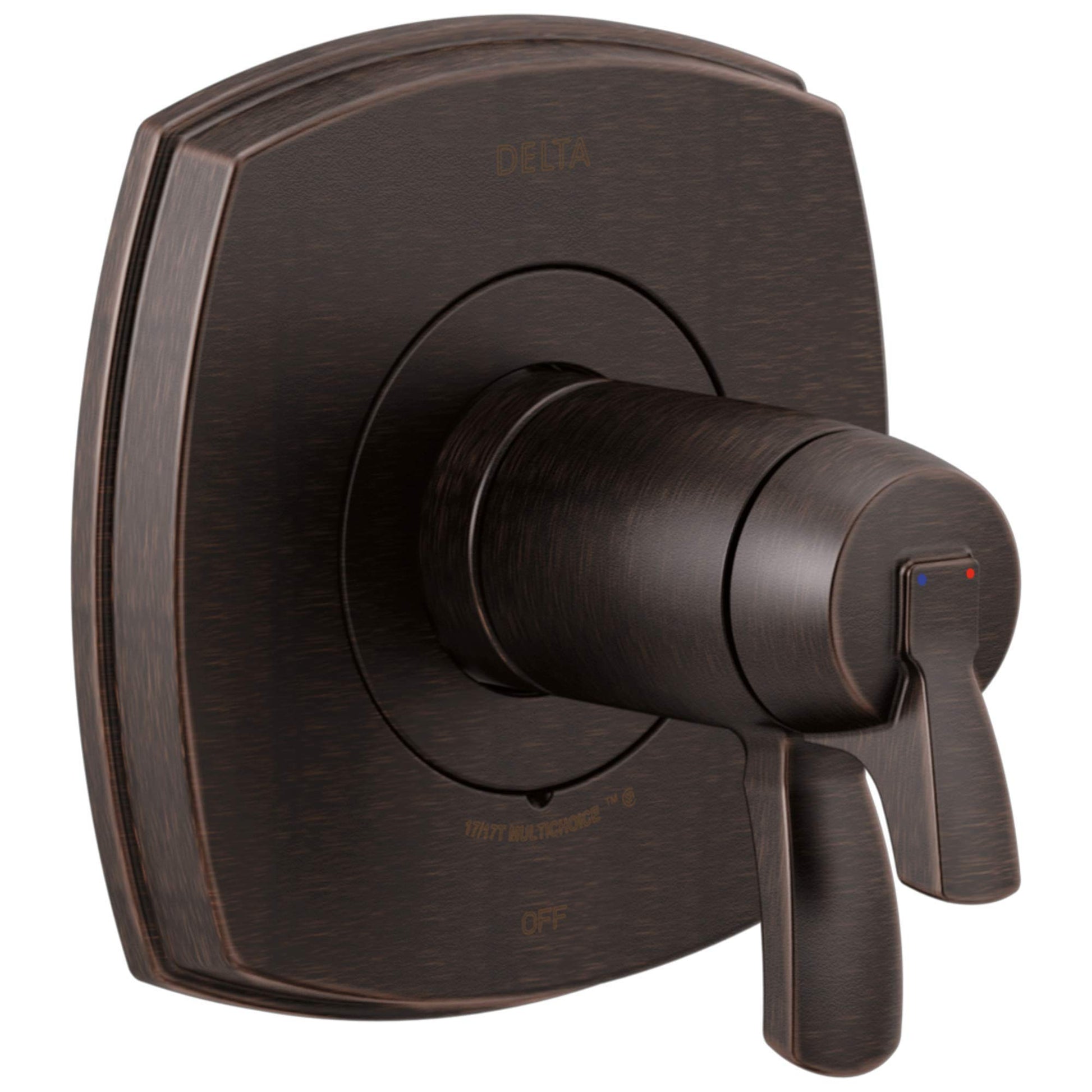 Bronze thermostatic valve with rounded square backplate and lever handle, featuring Delta branding.