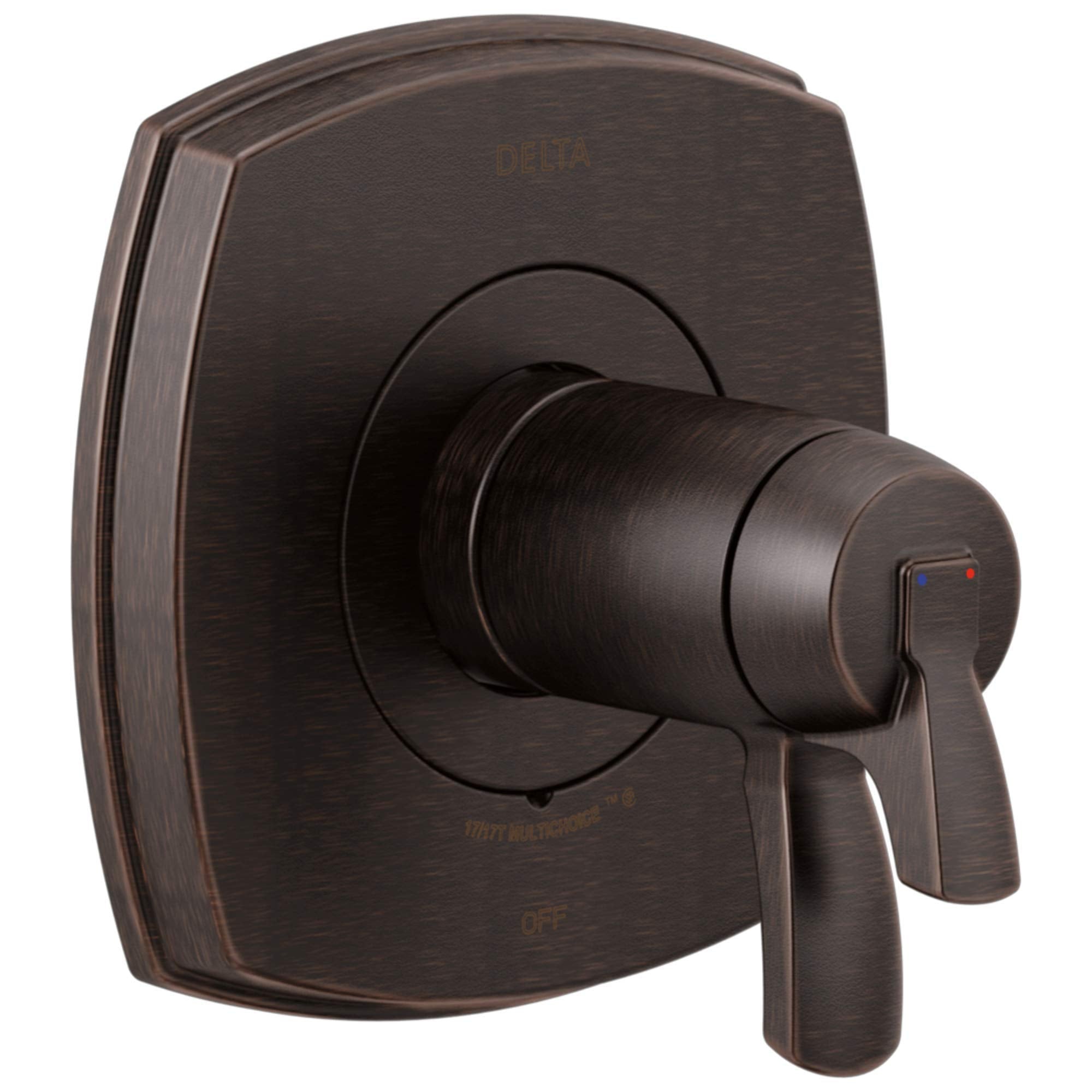 Bronze thermostatic valve with rounded square backplate and lever handle, featuring Delta branding.