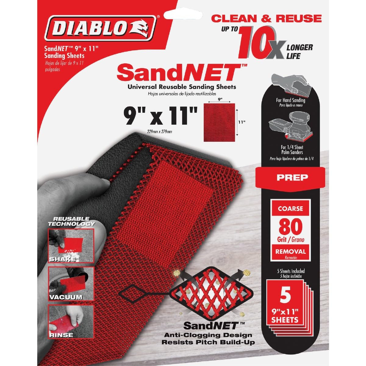 Red textured sanding sheets, 9" x 11" size, 80-grit coarse with anti-clogging mesh design, pack of five.