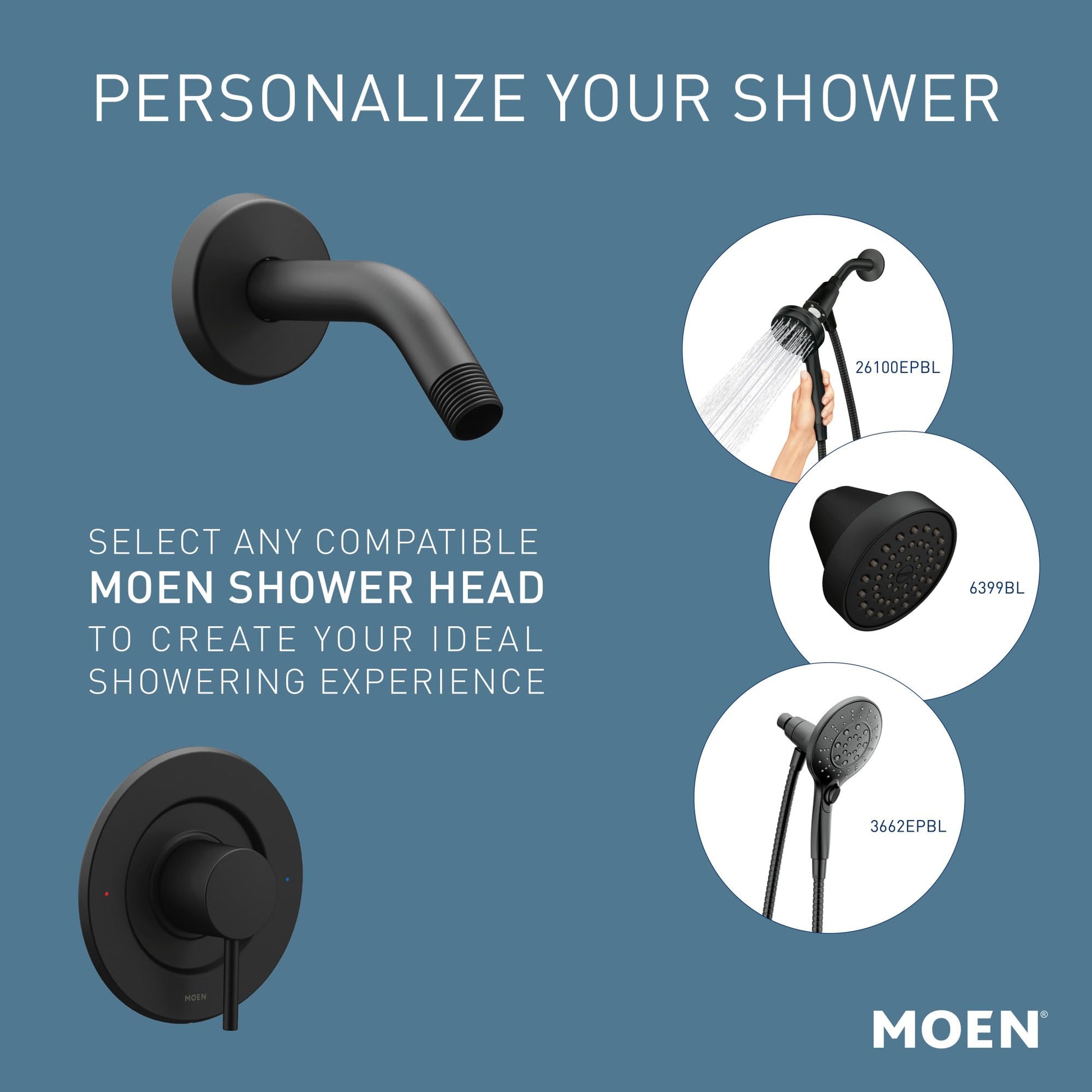 Matte black tub and shower trim kit with pressure balancing valve, curved spout, and round trim plate, shown with compatible 