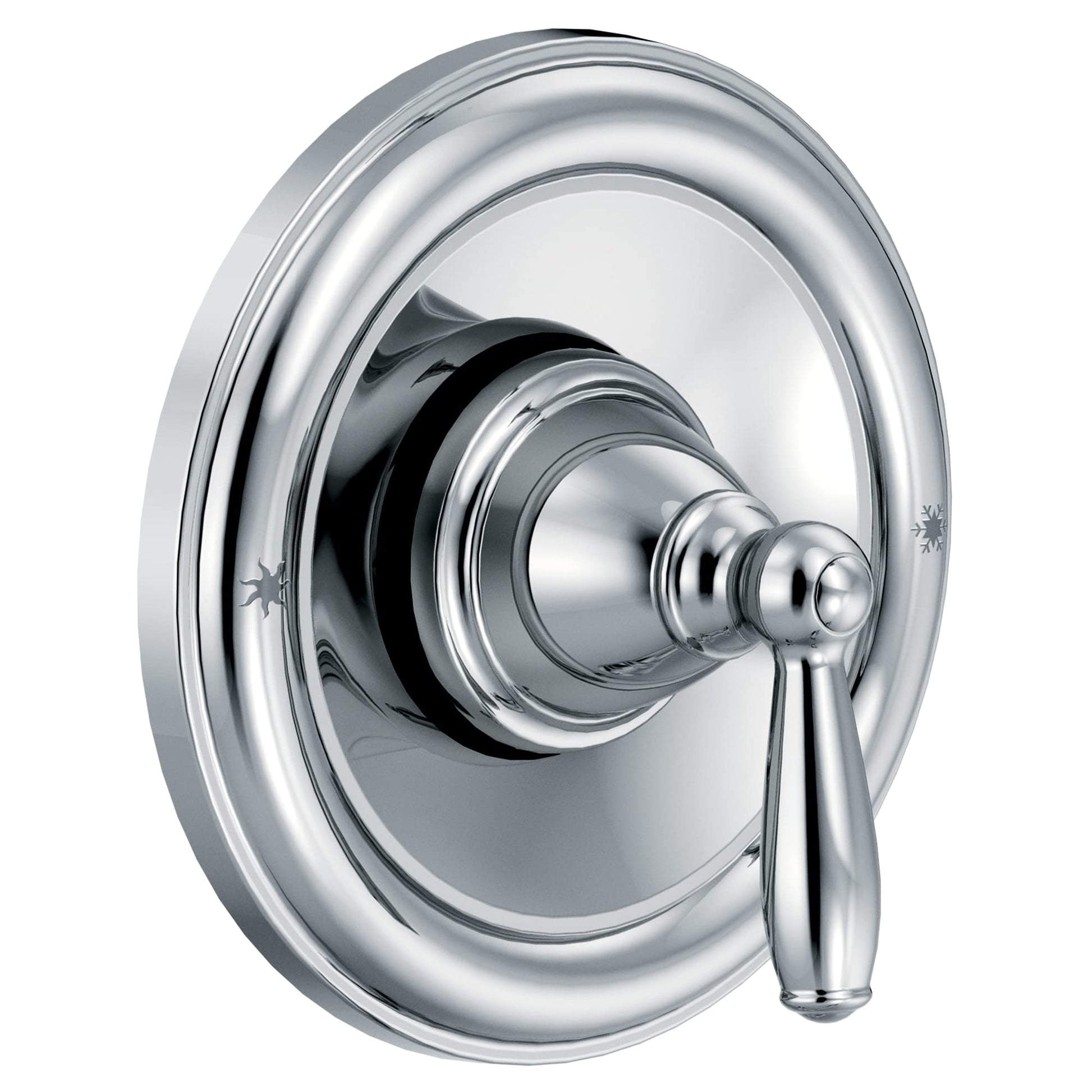 Chrome shower valve trim with circular escutcheon plate and single lever handle in polished finish.