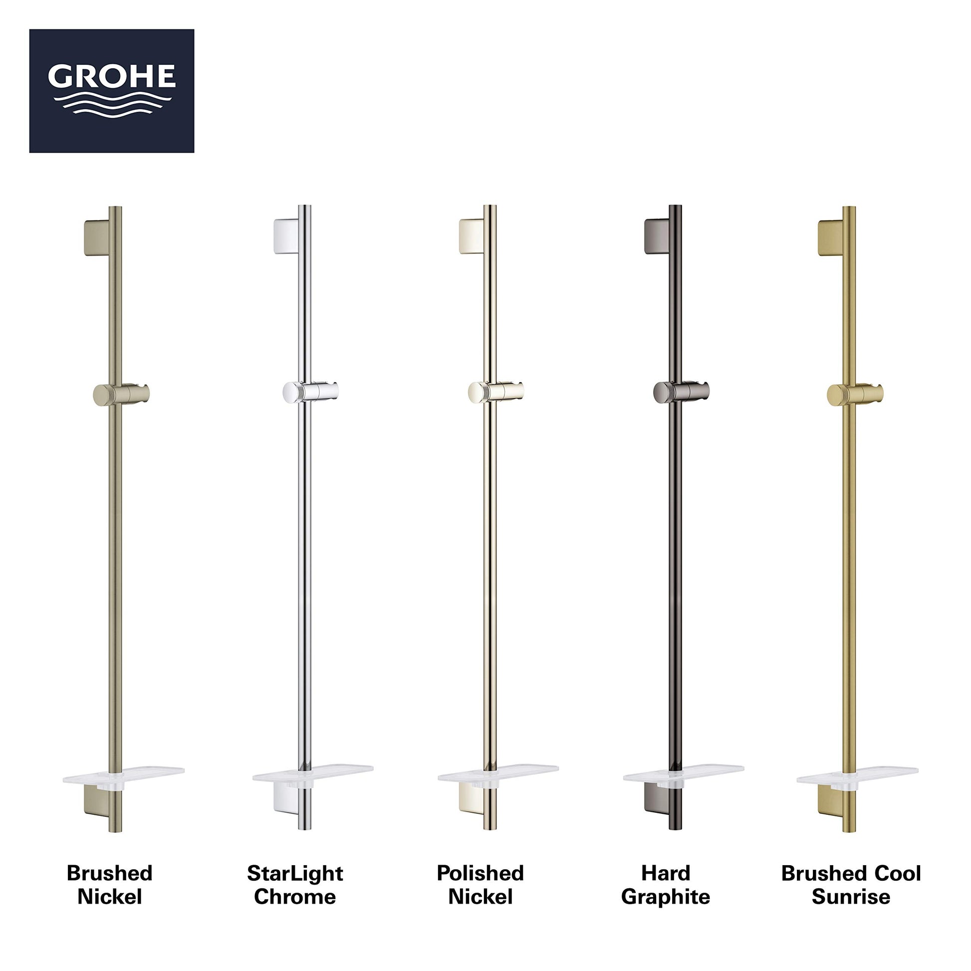 Grohe Rainshower 36" shower slide bar in hard graphite finish with square mounting bracket and adjustable height holder.