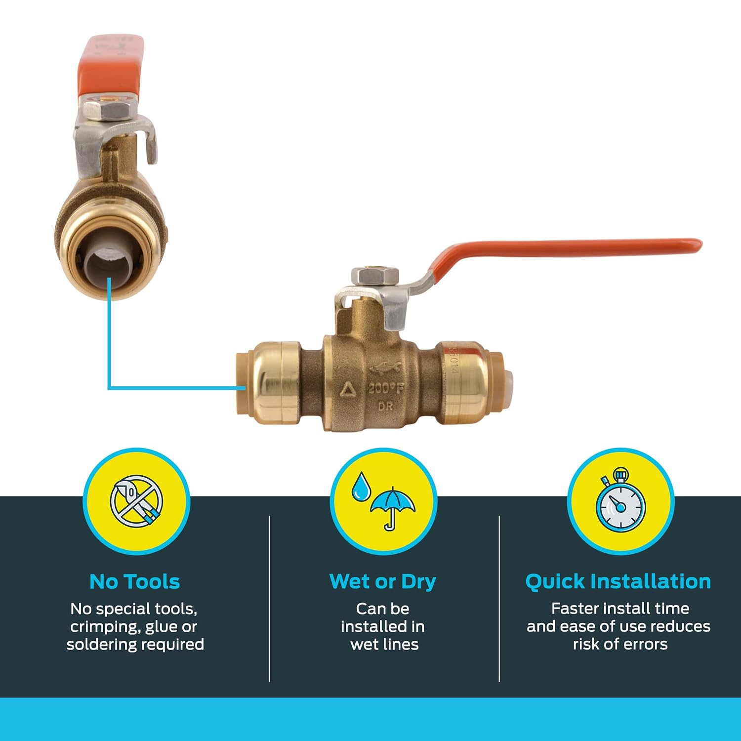 Two brass push ball valves with red lever handles and push-fit connectors, one with vertical orientation and one horizontal.