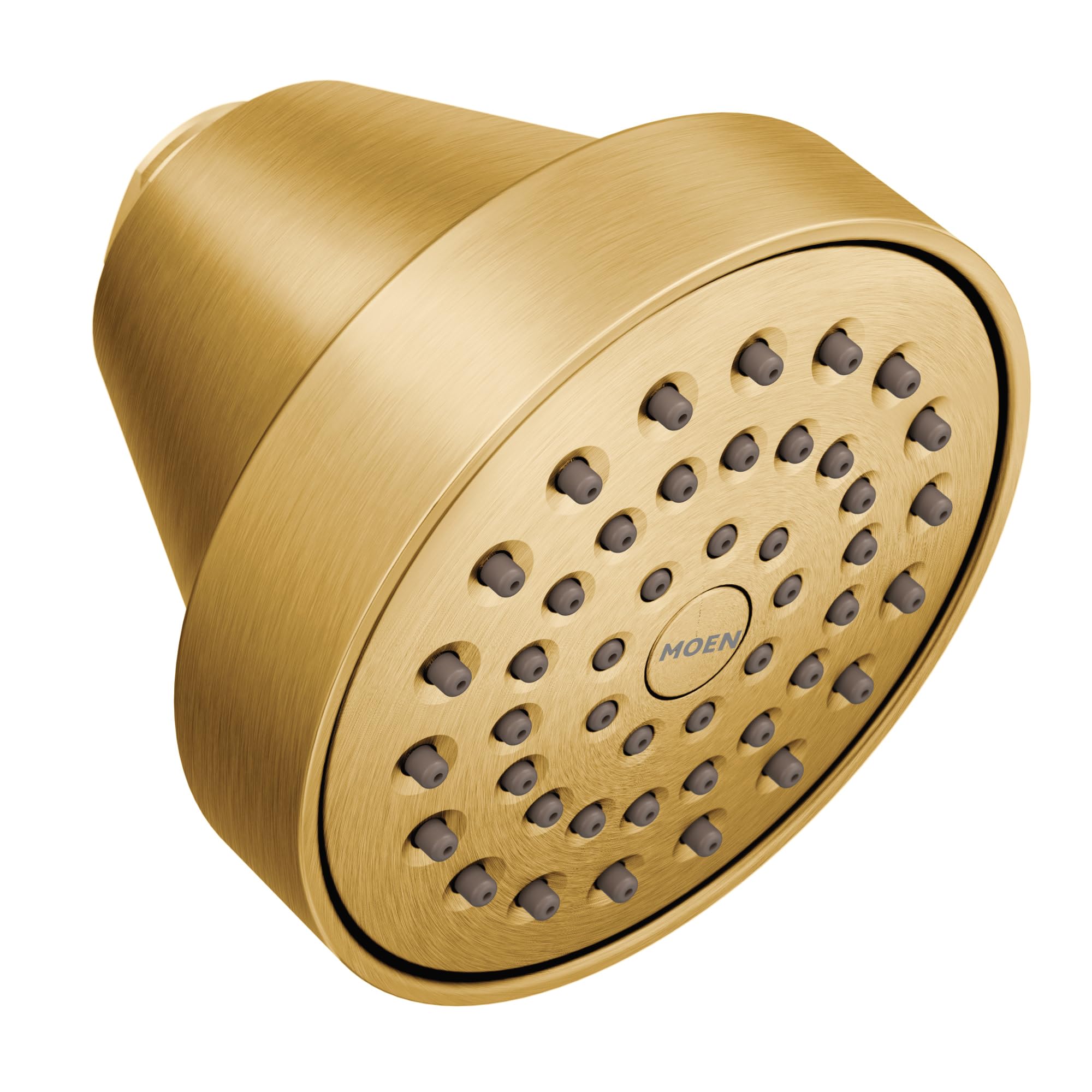 Round brushed gold shower head with multiple spray ports and Moen branding on face.