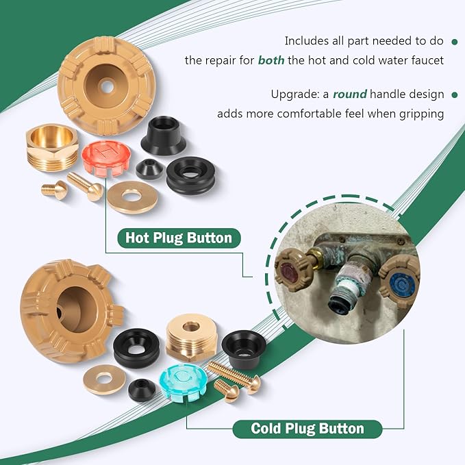 Woodford RK-22MH repair kit components including brass handles, metal rings, plugs, screws, and washers for hot and cold outd