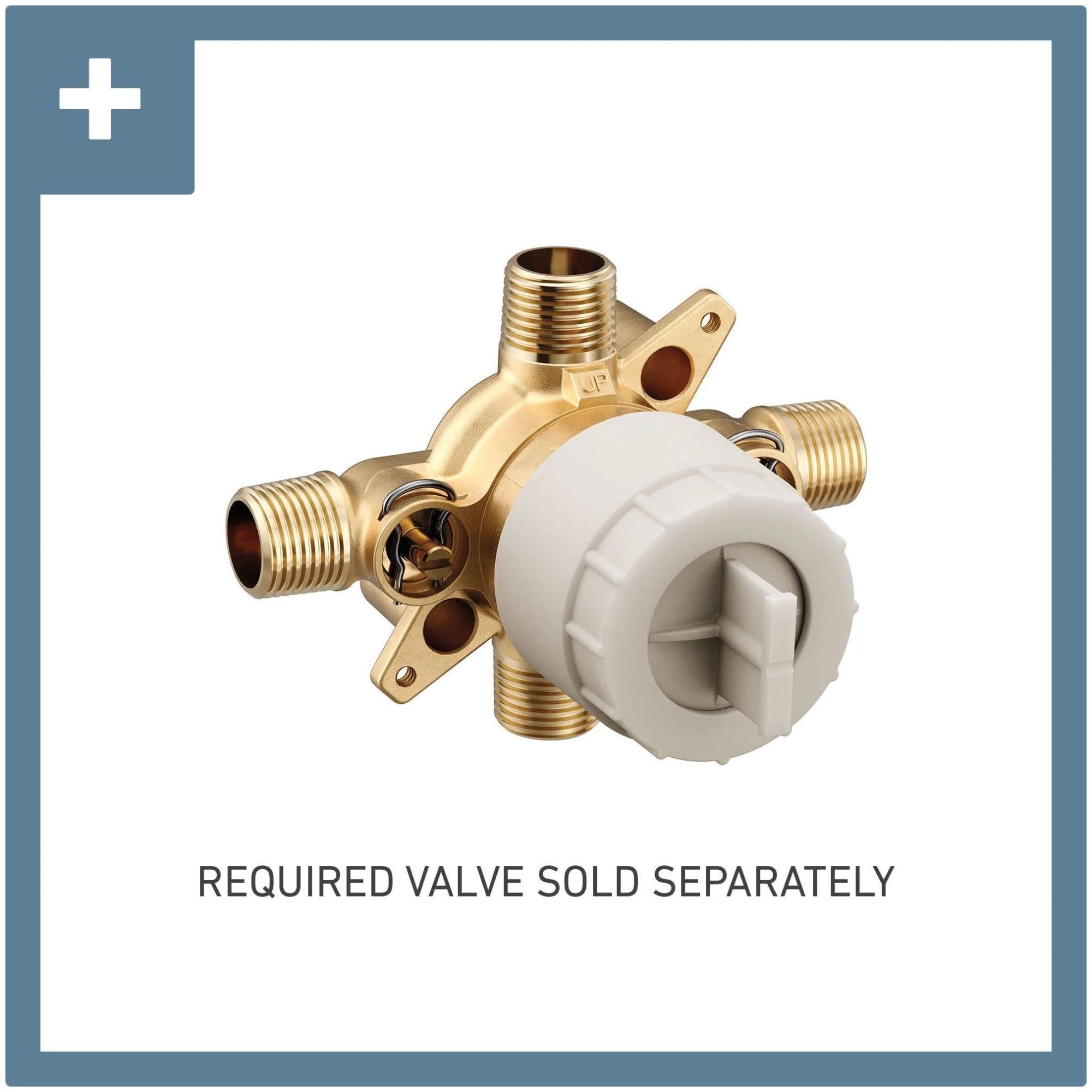 Brass tub and shower valve body with white handle and multiple threaded connection ports.