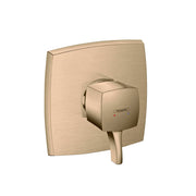 Square brushed bronze pressure balance valve trim with rounded edges and single lever handle.