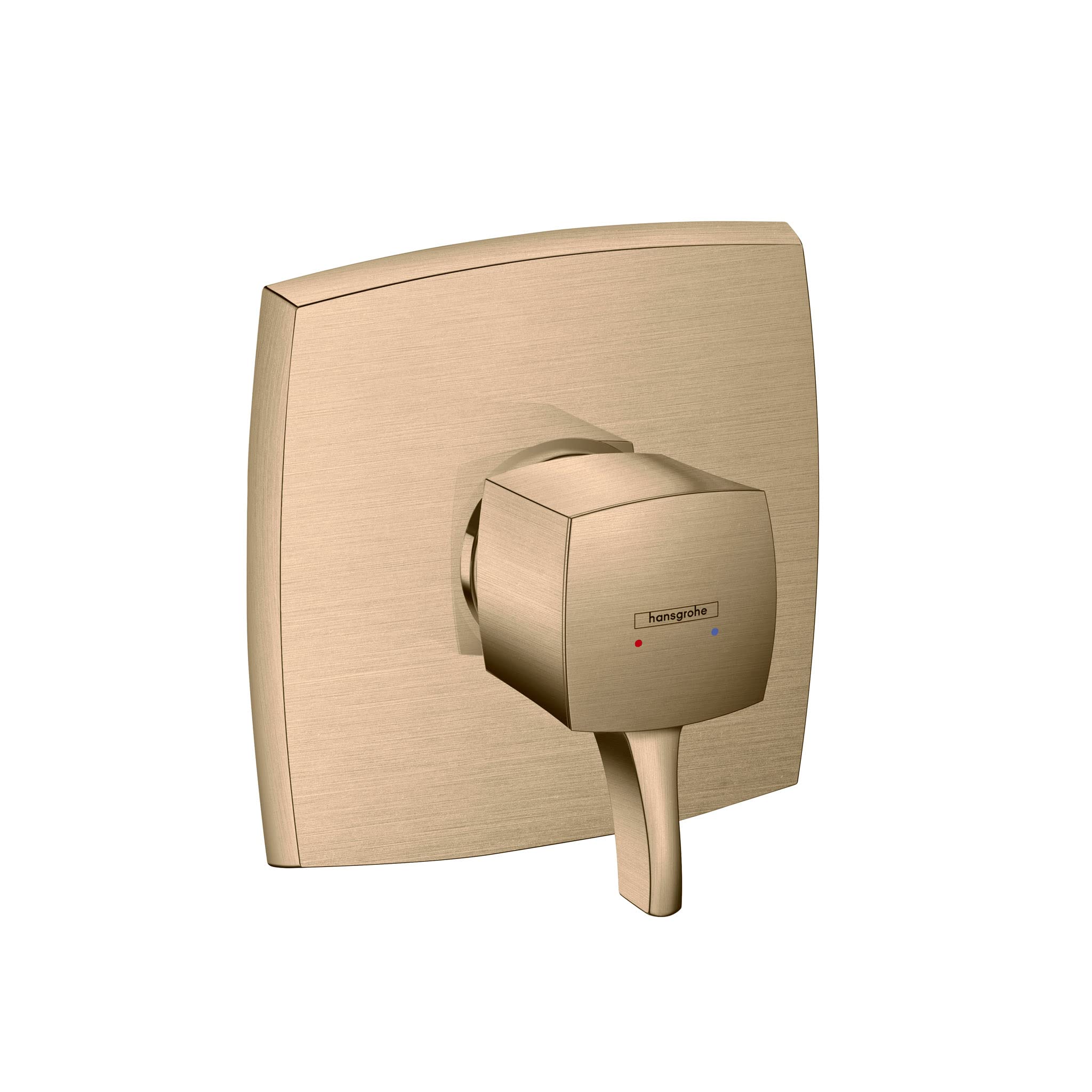 Square brushed bronze pressure balance valve trim with rounded edges and single lever handle.
