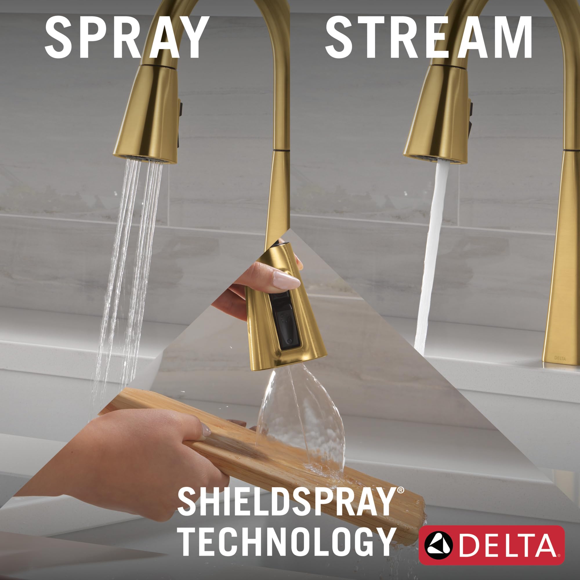 Brushed gold pull-down kitchen faucet with single handle shown in spray and stream water modes.