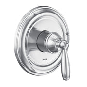 Chrome shower trim with single lever handle and circular escutcheon plate.
