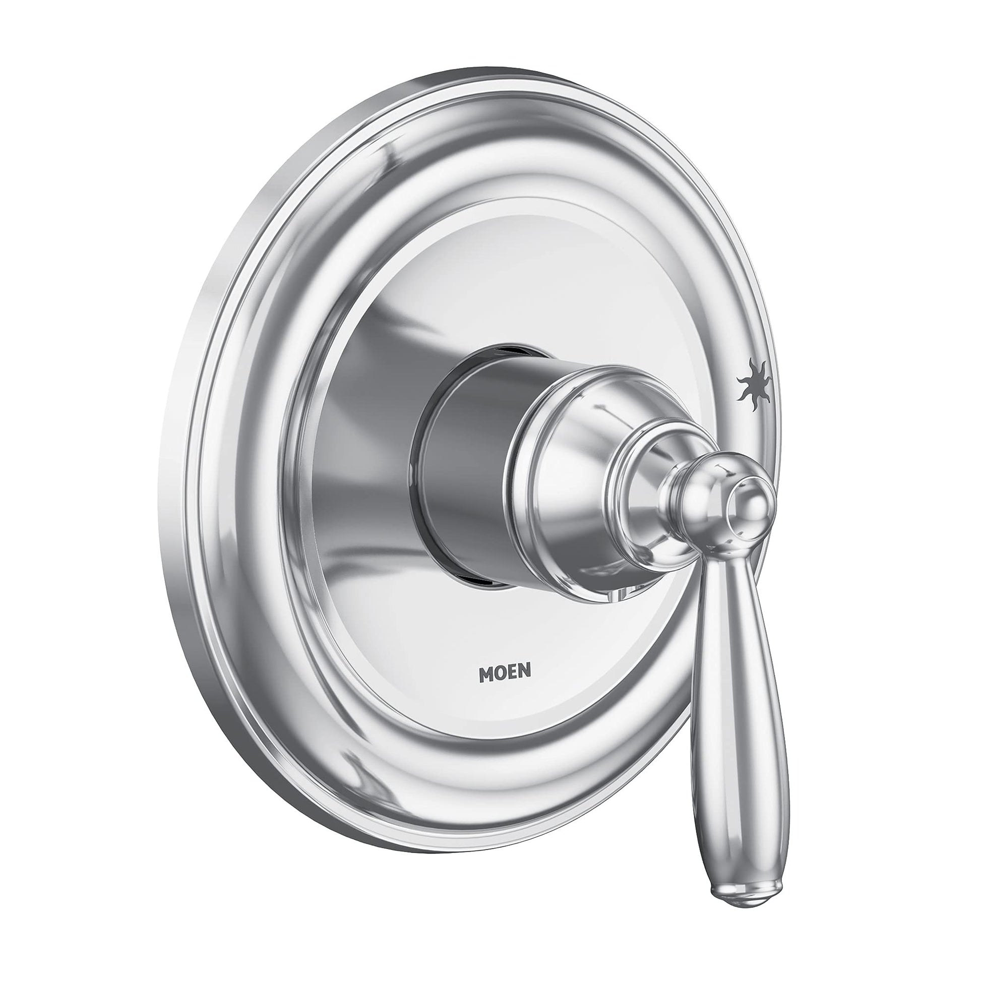 Chrome shower trim with single lever handle and circular escutcheon plate.