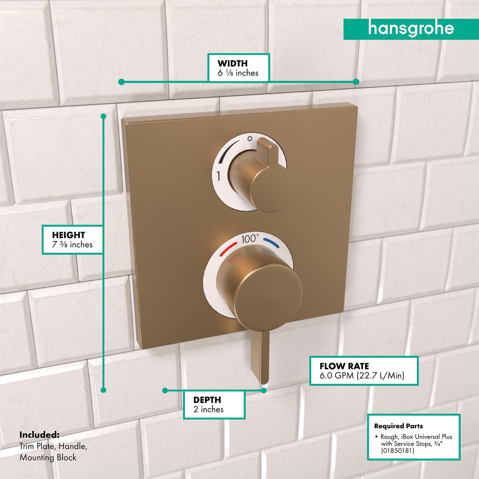Brushed bronze square thermostatic trim with two control handles mounted on white subway tile wall.