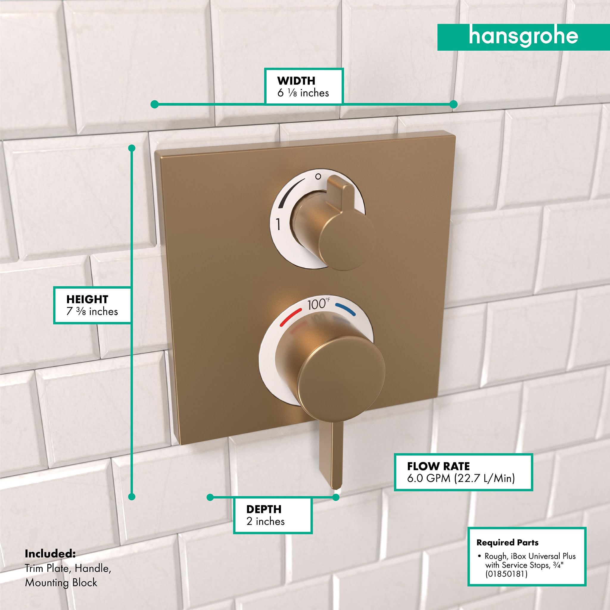 Brushed bronze square thermostatic trim with two control handles mounted on white subway tile wall.