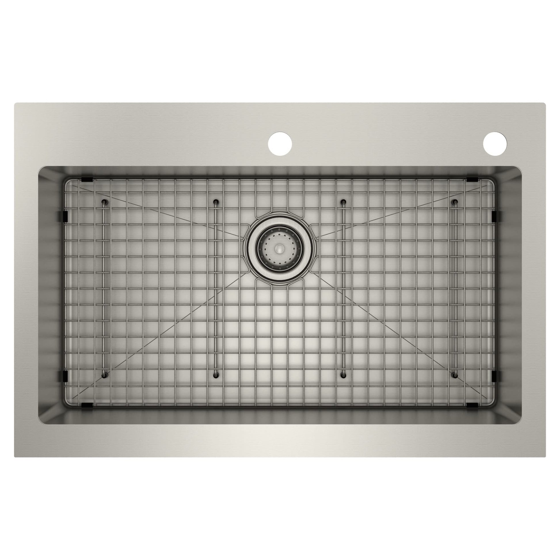 Stainless steel apron front kitchen sink with single bowl, grid, and drain strainer visible from above.