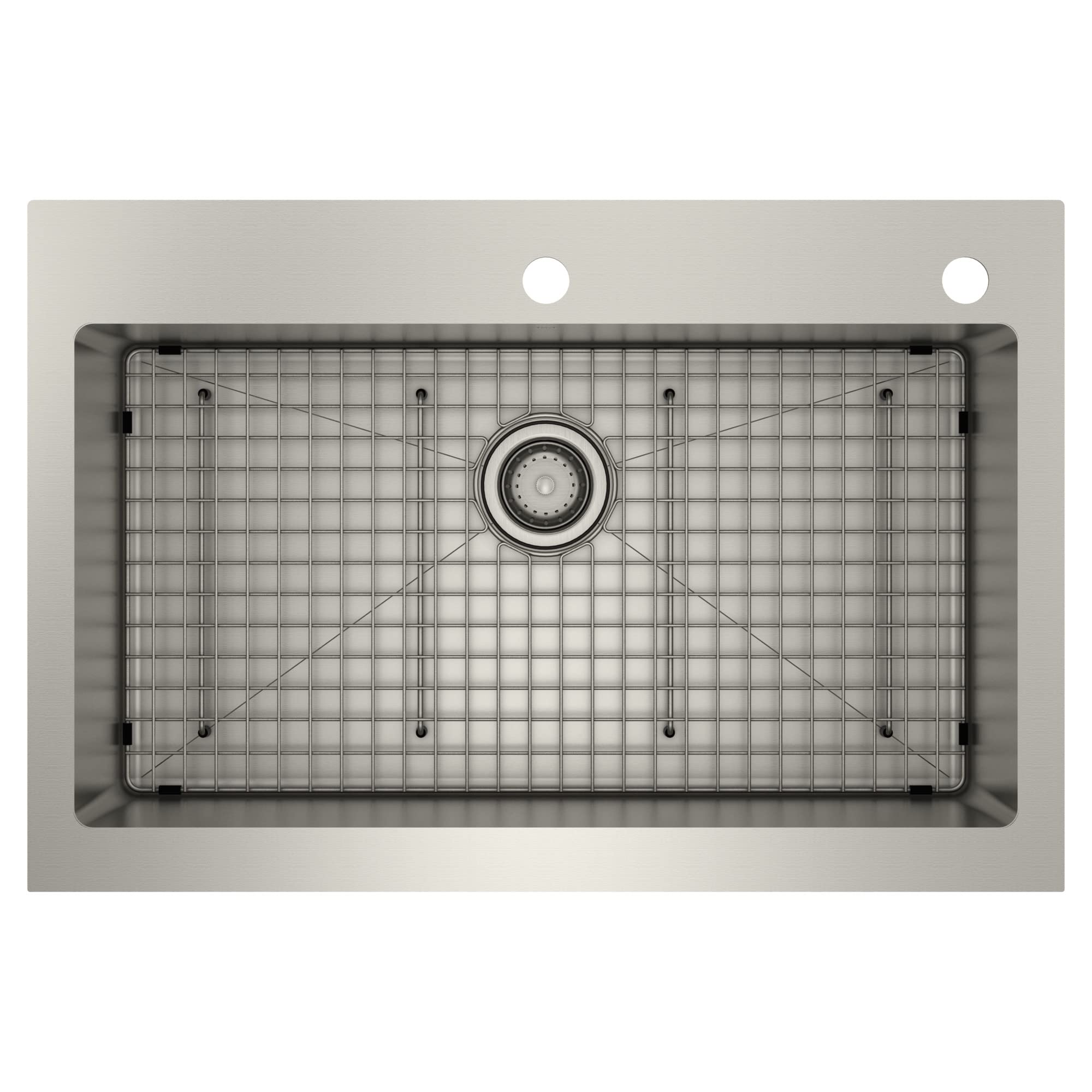 Stainless steel apron front kitchen sink with single bowl, grid, and drain strainer visible from above.
