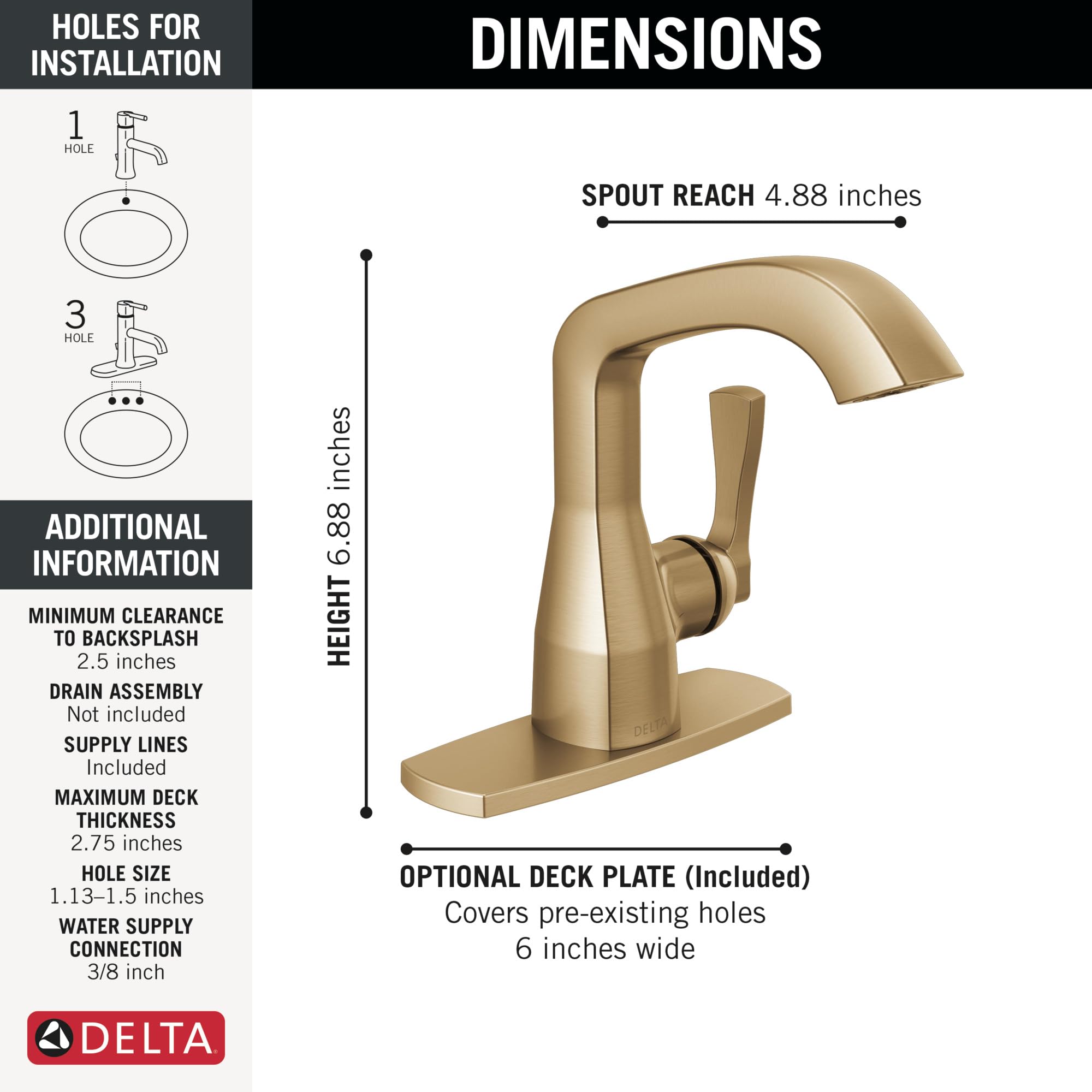Single-handle bathroom faucet in champagne bronze with curved spout, 6.88 inches tall, 4.88 inch reach.