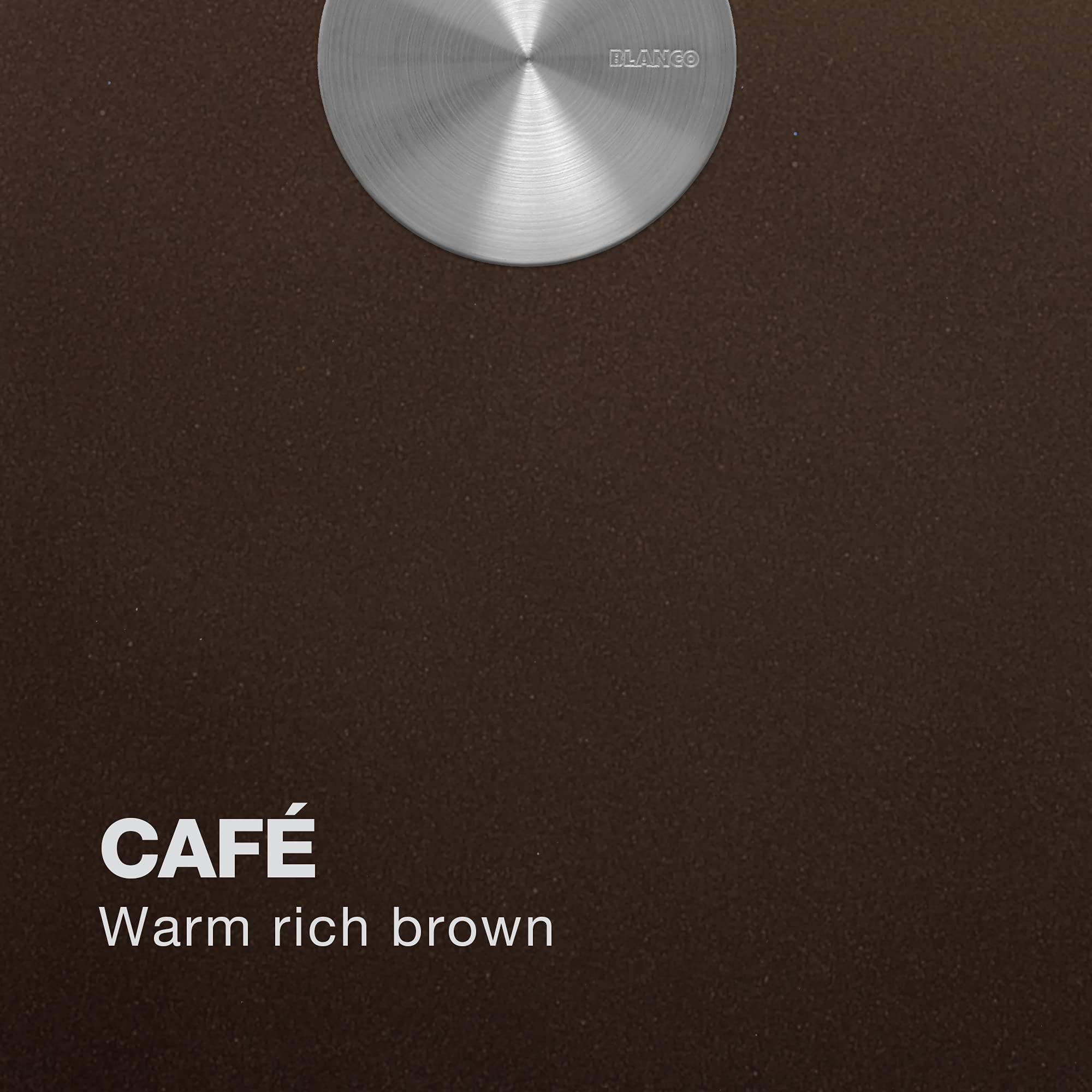 Stainless steel circular sink bowl with brushed finish on warm brown cafe-colored surface.