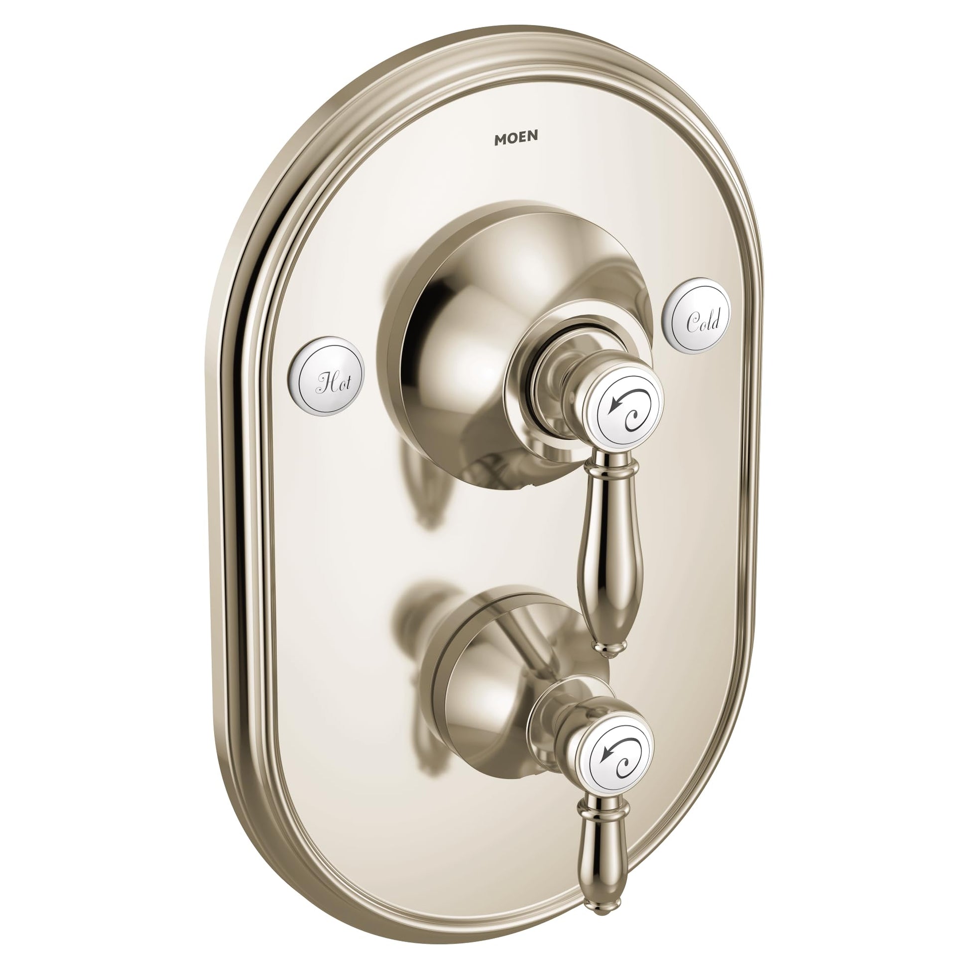 Polished nickel shower valve trim with oval escutcheon plate, central lever handle, and separate diverter control with hot an
