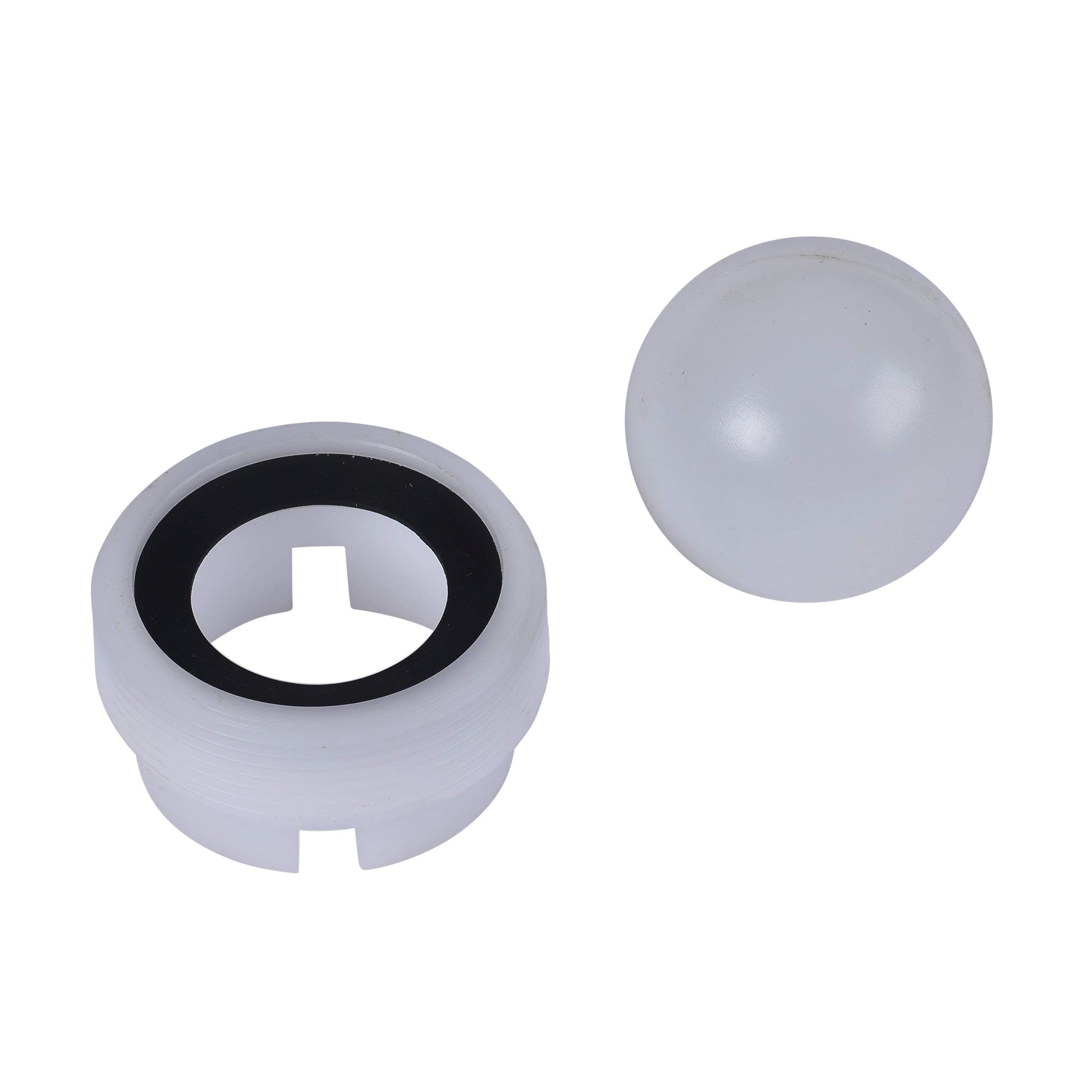 White plastic backwater valve components with spherical float and cylindrical housing with black seal ring.