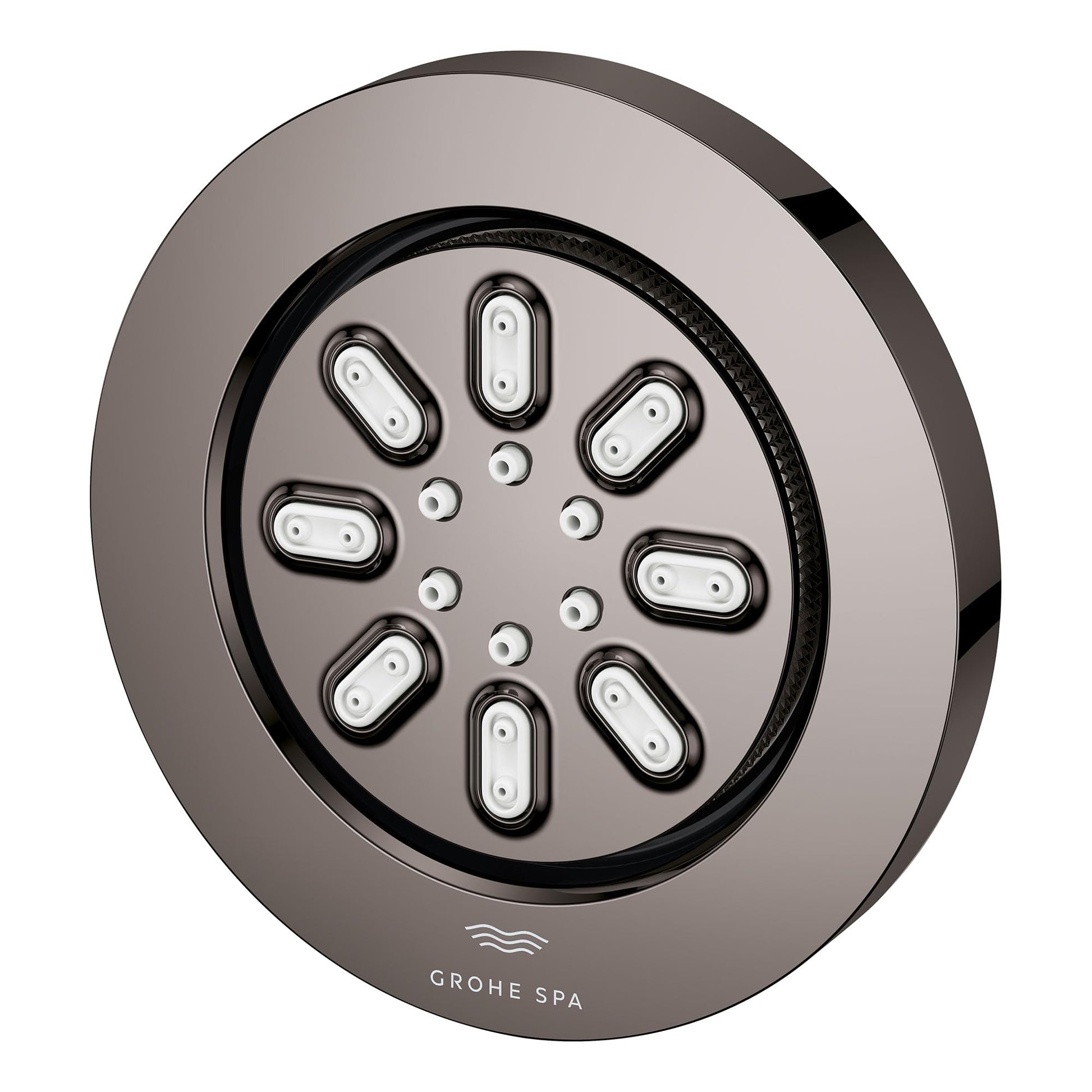 Round dark graphite body spray with multiple spray jets arranged in a circular pattern on the face.