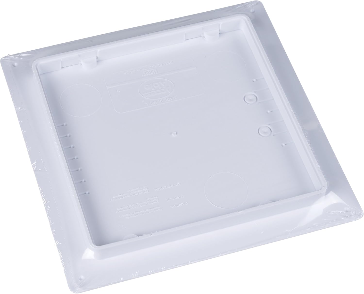 White plastic access panel with recessed interior and mounting holes, 14 x 14 inches.