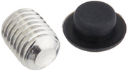 Chrome set screw with grooved threading and black dome-shaped button cap with flat base.