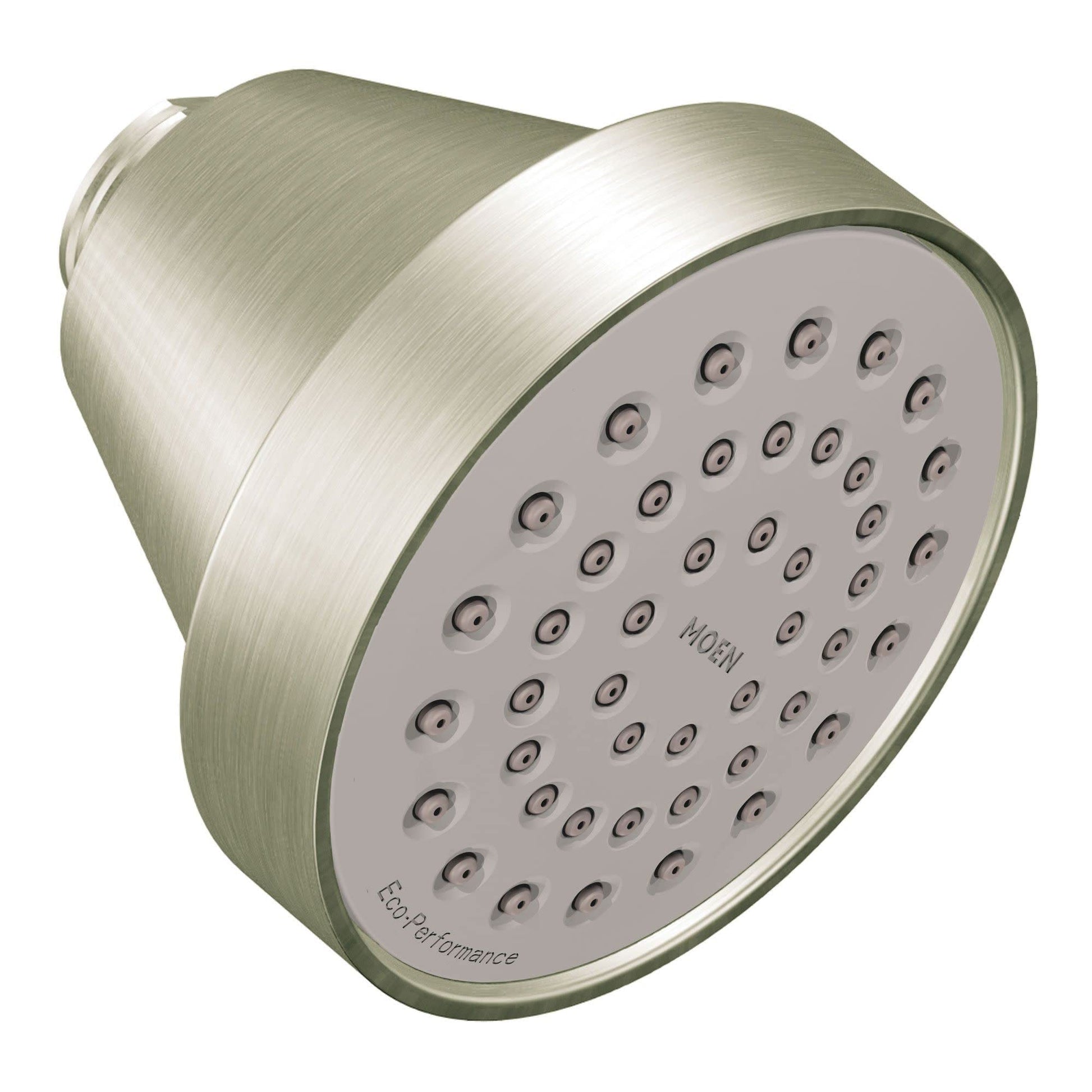 Brushed nickel round shower head with multiple spray jets on face and curved cylindrical body.
