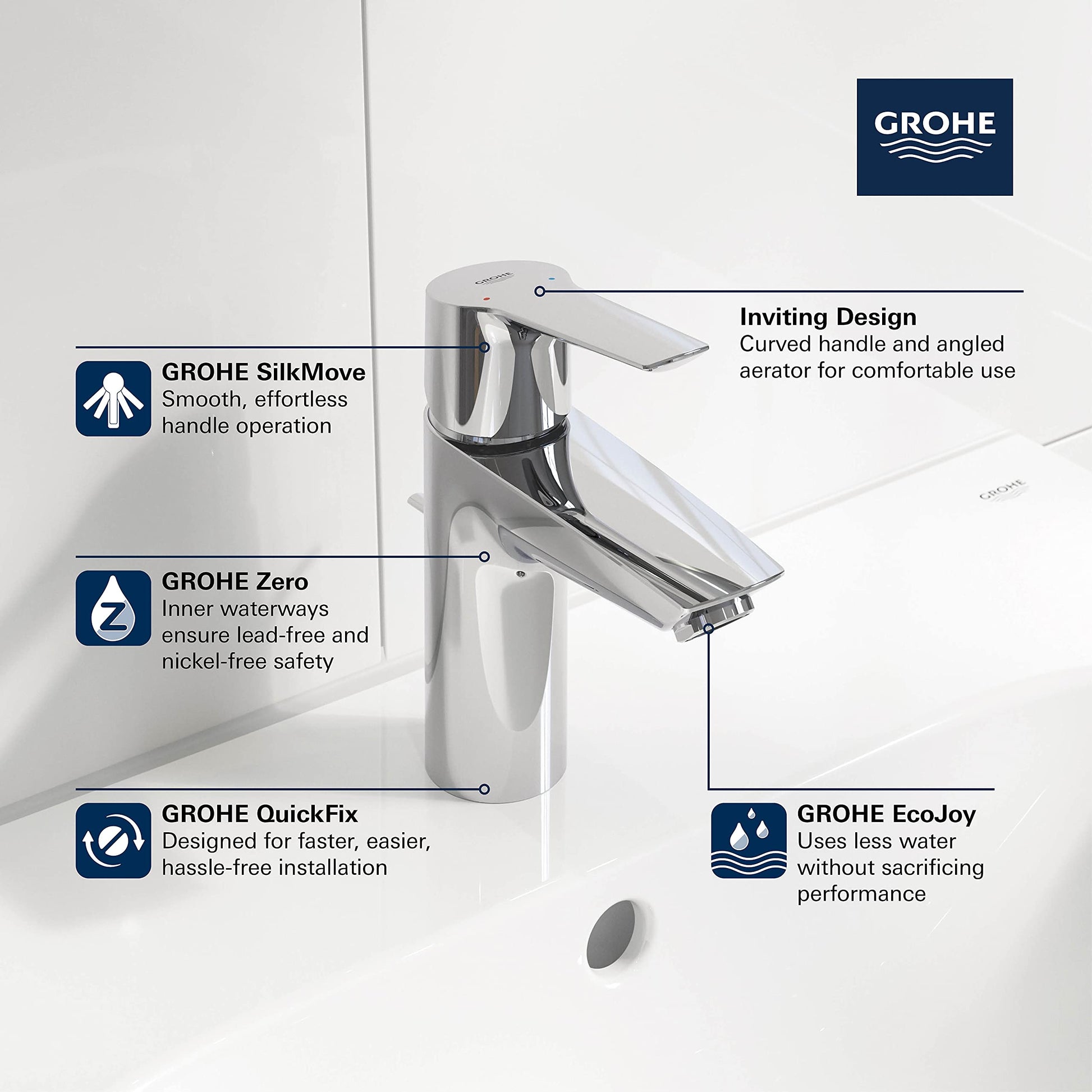 Chrome single-handle bathroom faucet with curved spout and angled aerator mounted on white sink basin.