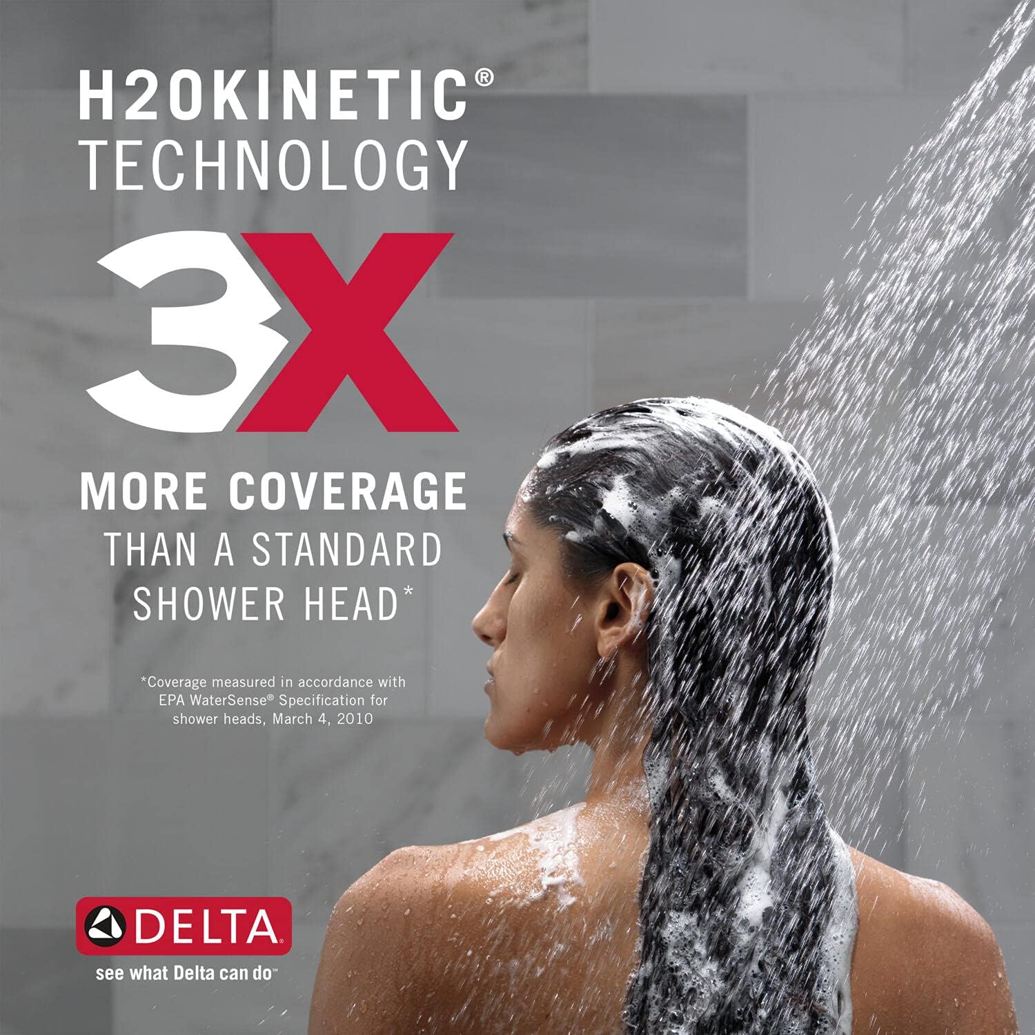 Champagne bronze shower trim with H2Okinetic water spray technology demonstrated on person's head and shoulders.