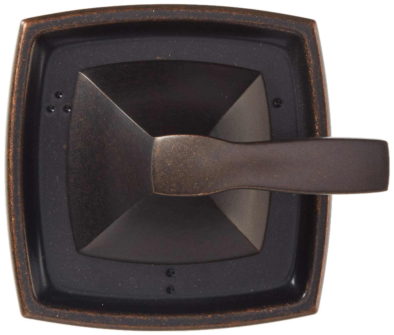 Oil rubbed bronze square shower valve trim with geometric lever handle and diverter opening.