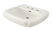 White rectangular ceramic sink basin with faucet holes and overflow drain.