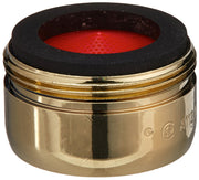 Polished brass faucet aerator with black rubber ring and red perforated flow restrictor insert visible inside.