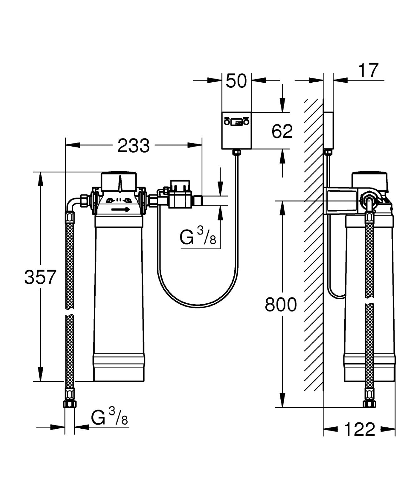 Technical diagram showing Grohe Blue filter system with cylindrical filter cartridge, filter head, and installation dimension