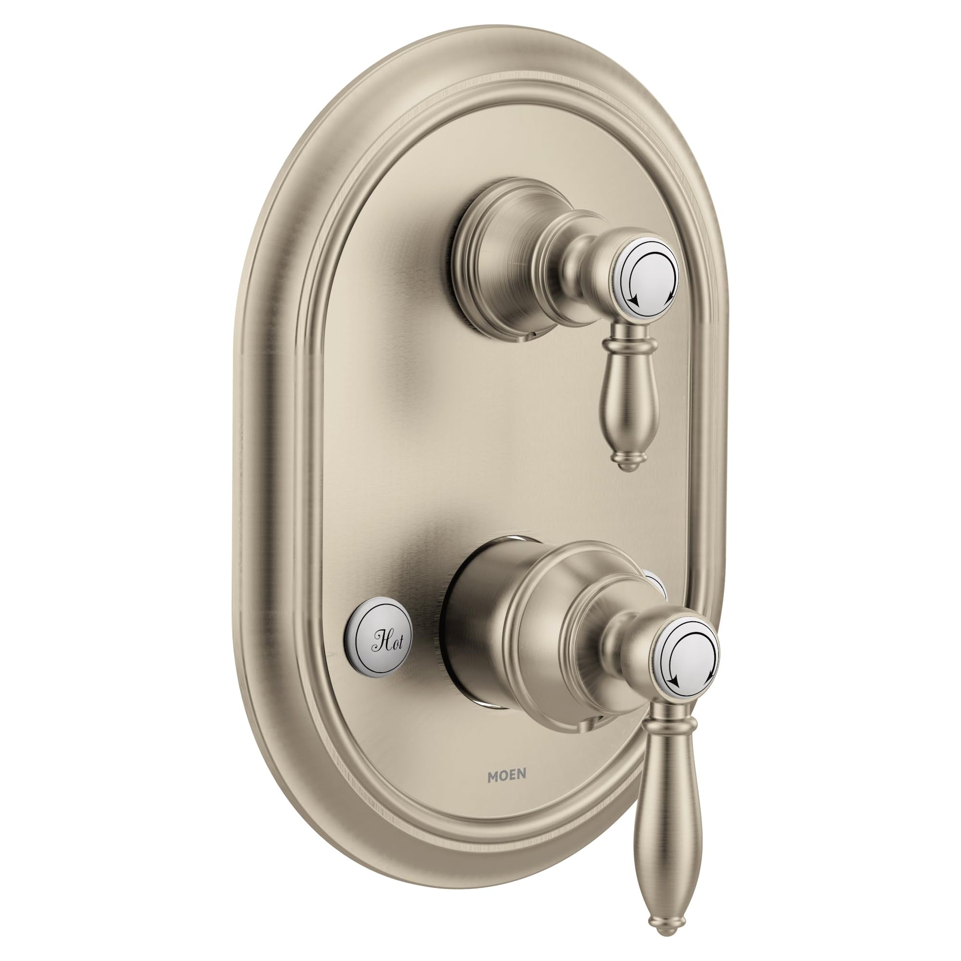 Brushed nickel shower trim with two lever handles and integrated transfer valve on oval escutcheon plate.