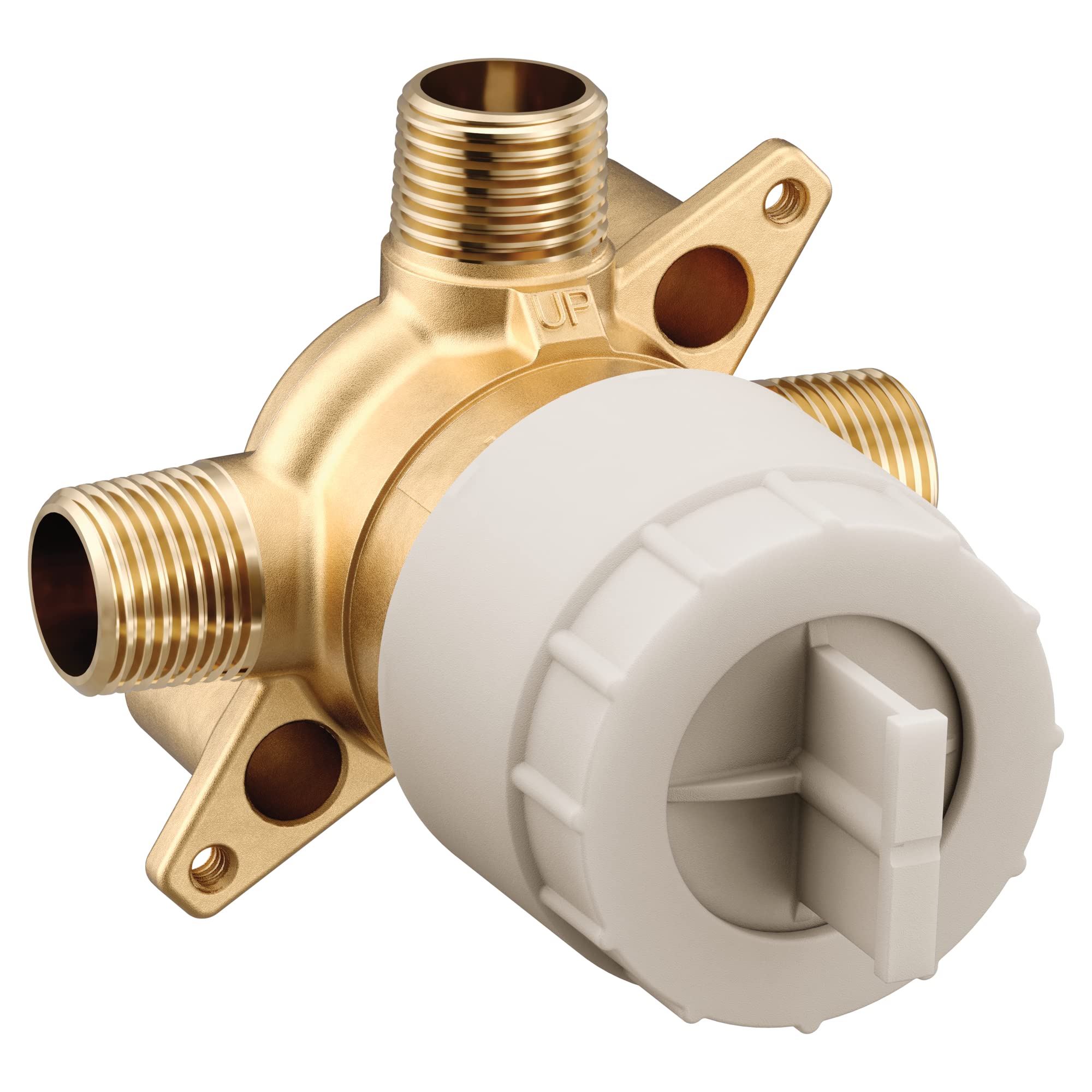 Brass 3-port rough-in valve with threaded connections, white ceramic cartridge, and mounting bracket.