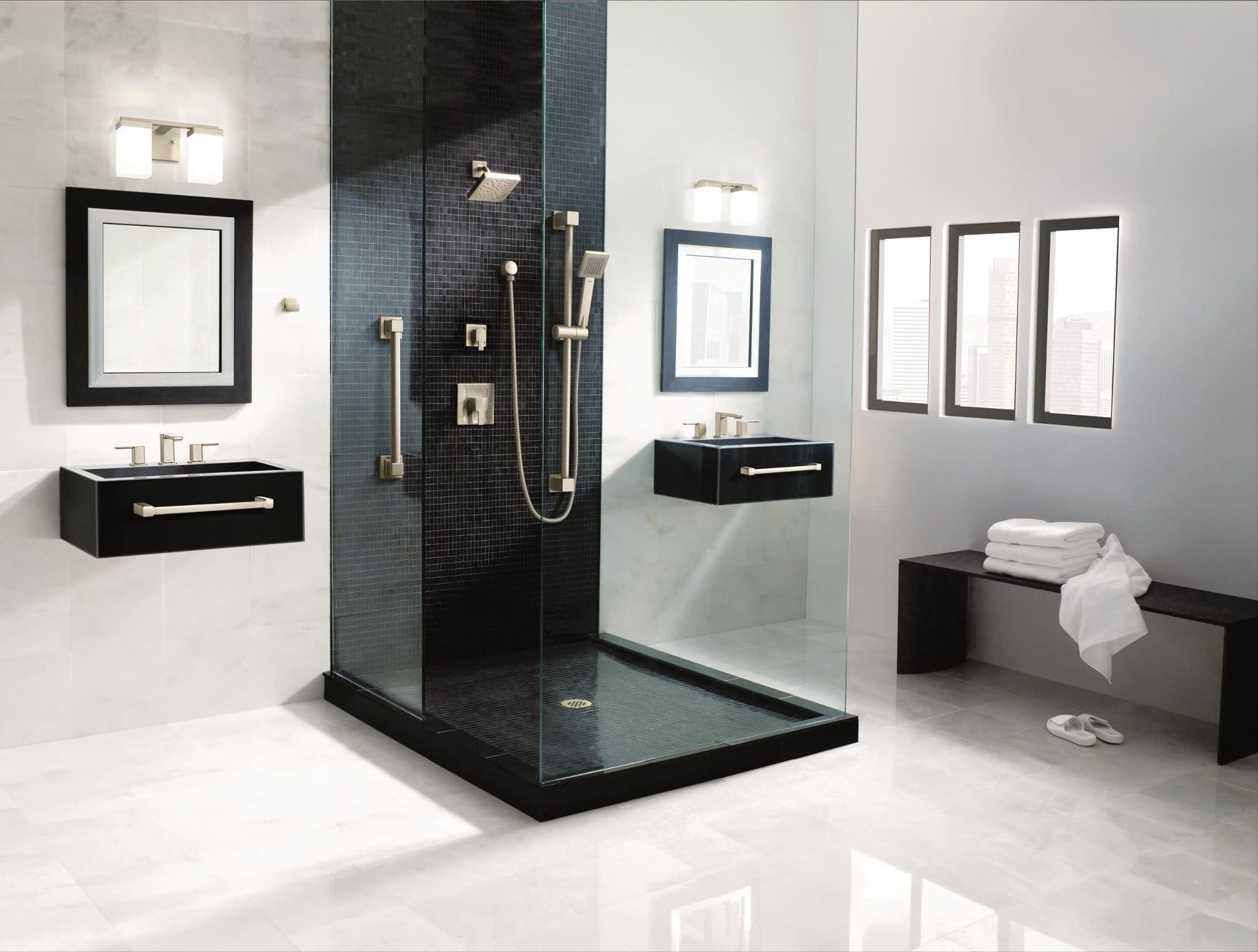 Brushed nickel two-handle widespread faucet with angular spout installed on bathroom vanity in modern bathroom setting.