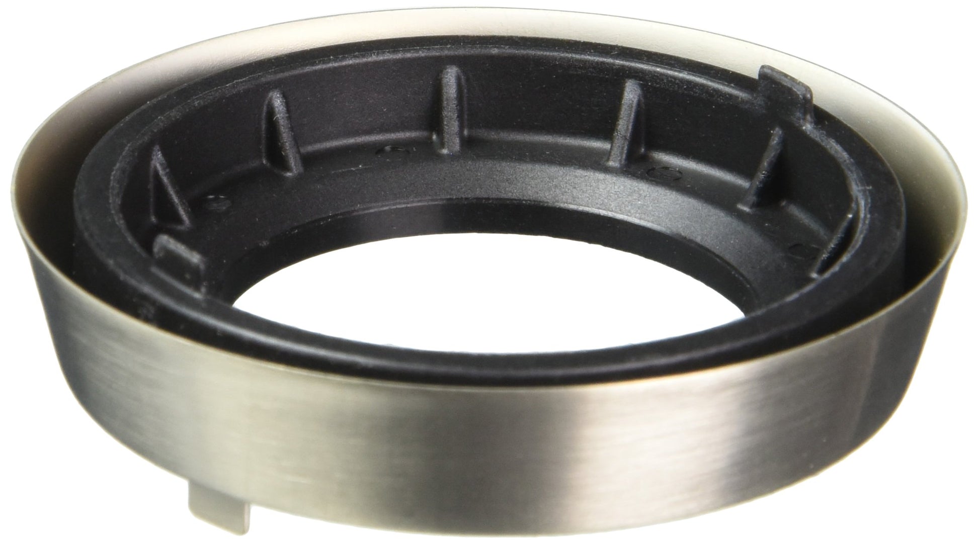 Stainless steel trim ring with black rubber gasket and internal mounting tabs for Delta faucet installation.